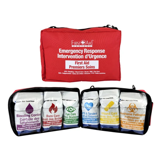 First Aid Central Emergency Response First Aid Kit with organized treatment packs for workplace and industrial first aid.