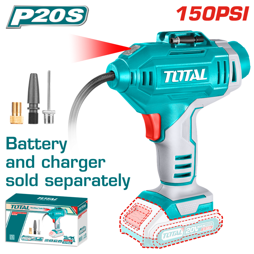 TOTAL 20V cordless lithium-ion auto air compressor with 150 PSI maximum pressure and LED light