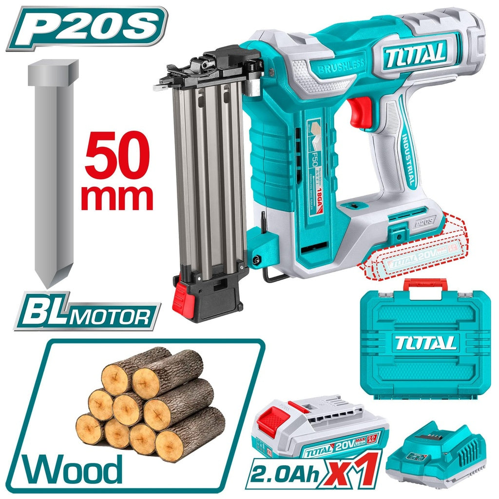 TOTAL 20V brushless cordless brad nailer with battery and brad nails
