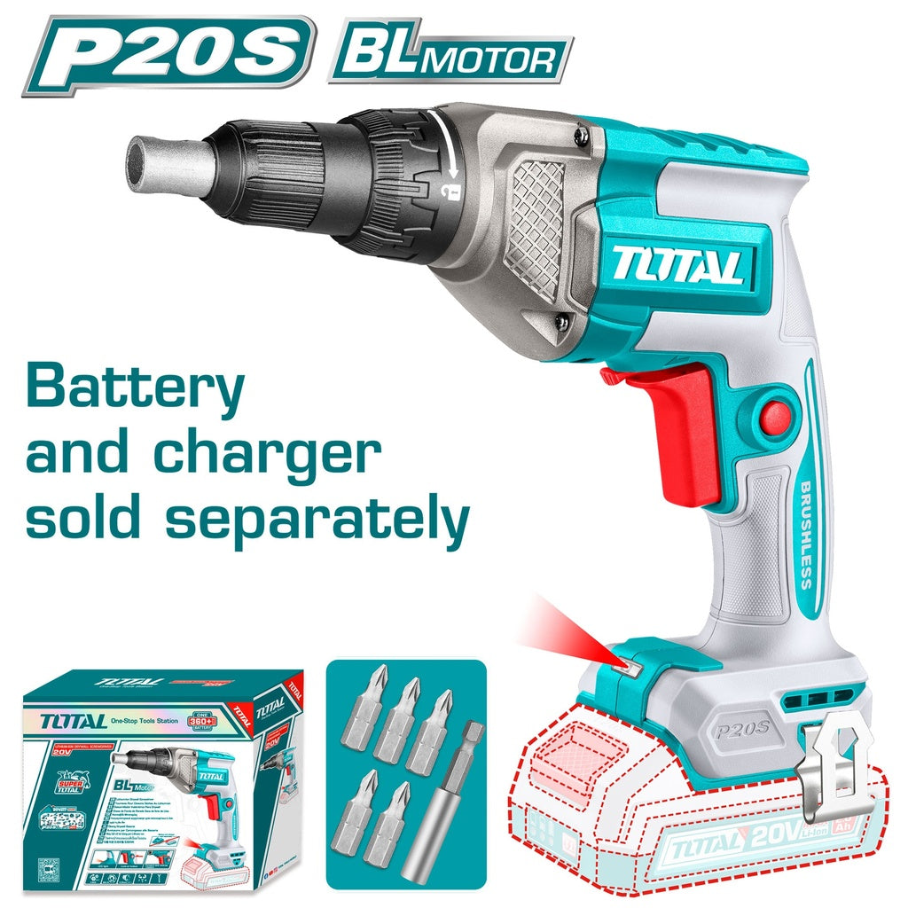 TOTAL 20V cordless drywall screwdriver with 1/4 inch hex bit holder and screwdriver bits