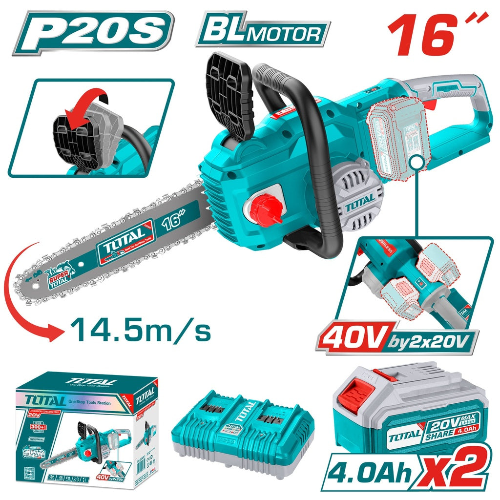 TOTAL 40V 16 inch brushless cordless chainsaw with guide bar and chain