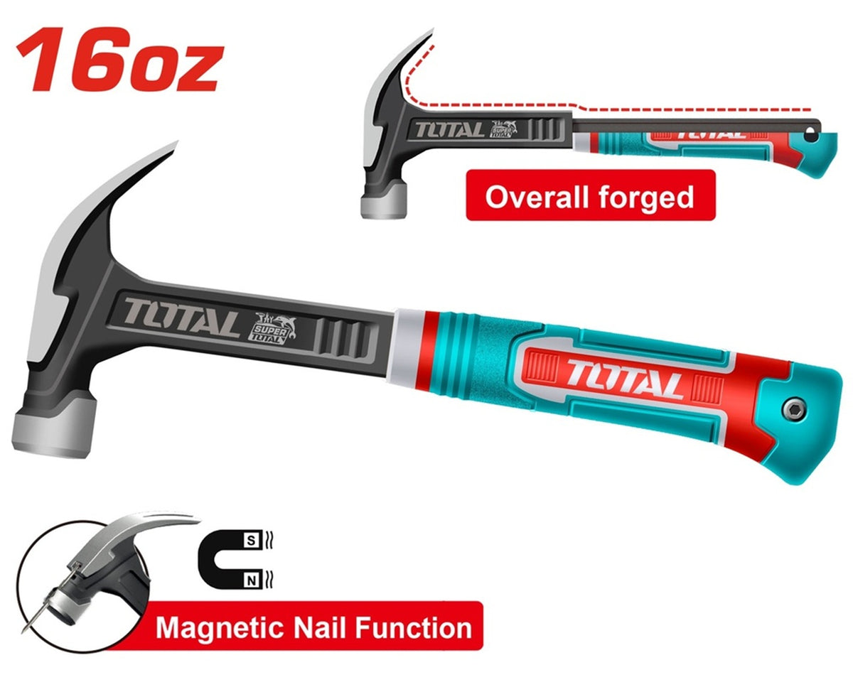 TOTAL 16 oz industrial claw hammer with magnetic nail function