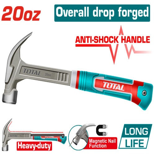 TOTAL 16 oz industrial claw hammer with magnetic nail function
