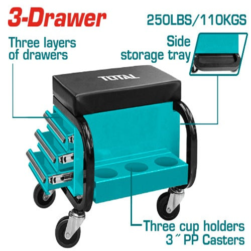 TOTAL 3-Drawer Heavy-Duty Creeper Seat with Tool Storage