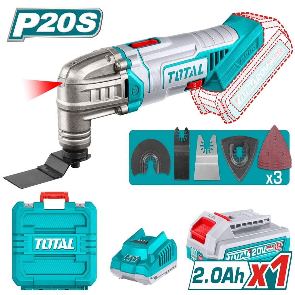 TOTAL 20V cordless oscillating multi-tool kit with battery, charger and accessories