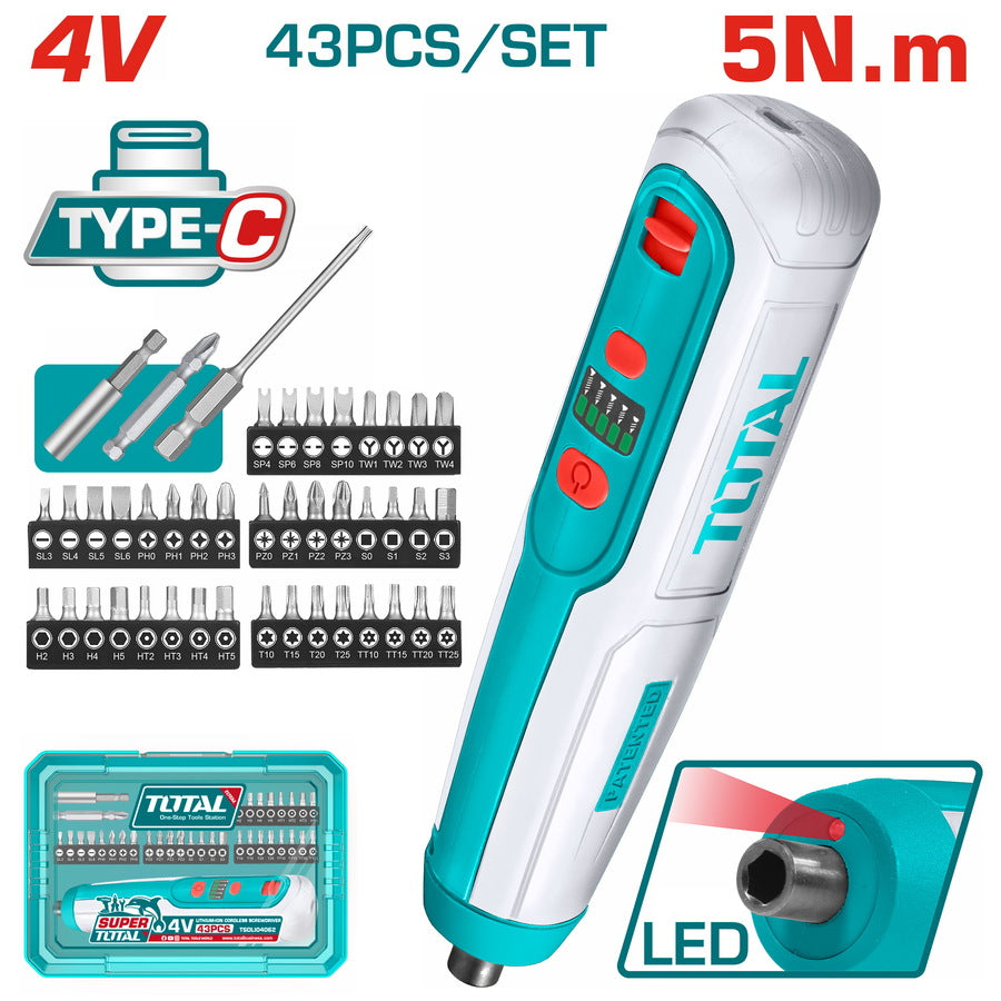 TOTAL 4V lithium-ion cordless screwdriver with 42-piece Cr-V bit set and LED work light