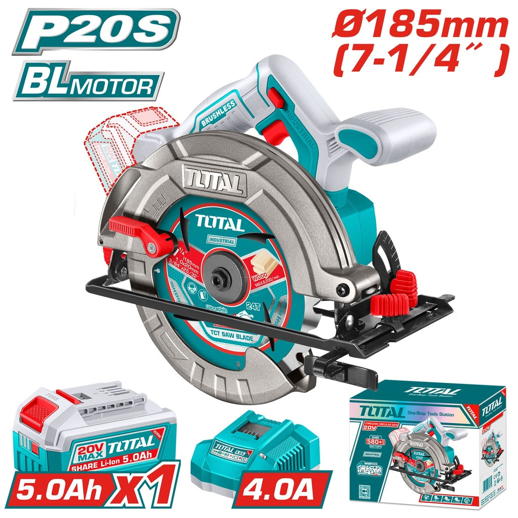 TOTAL 20V 7-1/4 inch brushless cordless circular saw kit with battery and charger