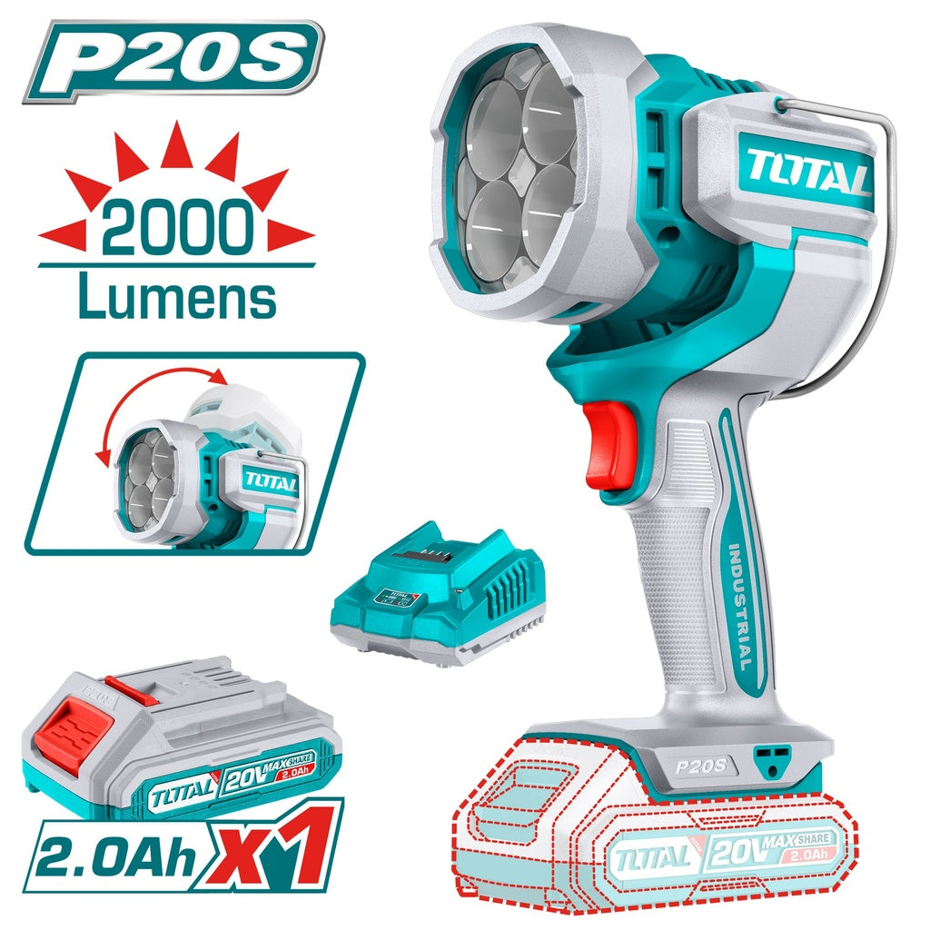 TOTAL 20V cordless LED work lamp with 2000 lumens, swivel head and 2.0Ah battery