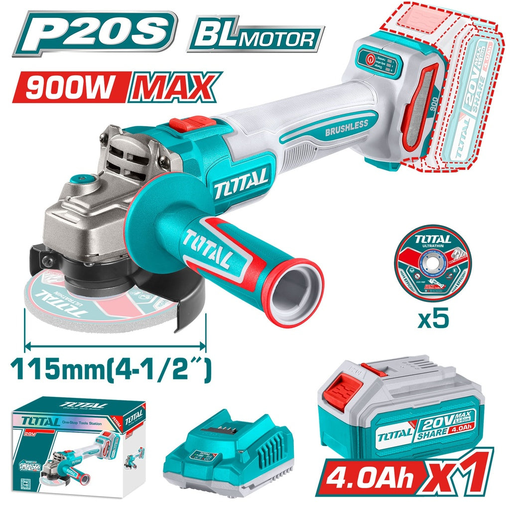 TOTAL 20V 4-1/2 inch brushless cordless angle grinder kit with battery and charger