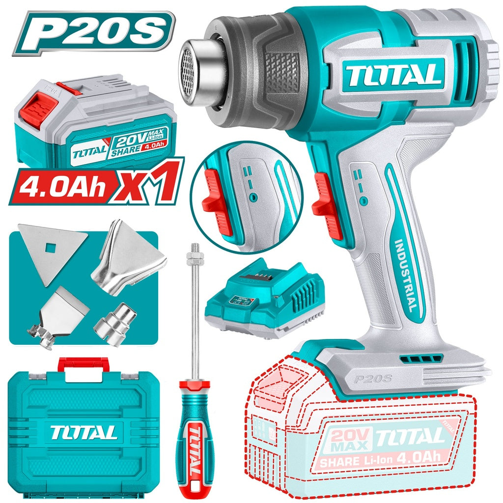 TOTAL 20V cordless heat gun kit with 4.0Ah battery and charger