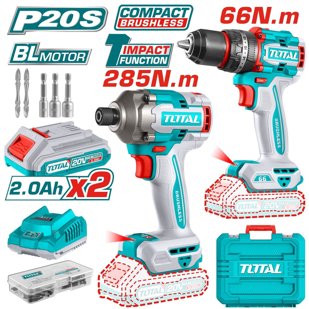 TOTAL 20V cordless brushless 2-piece power tool combo kit with impact drill and impact driver