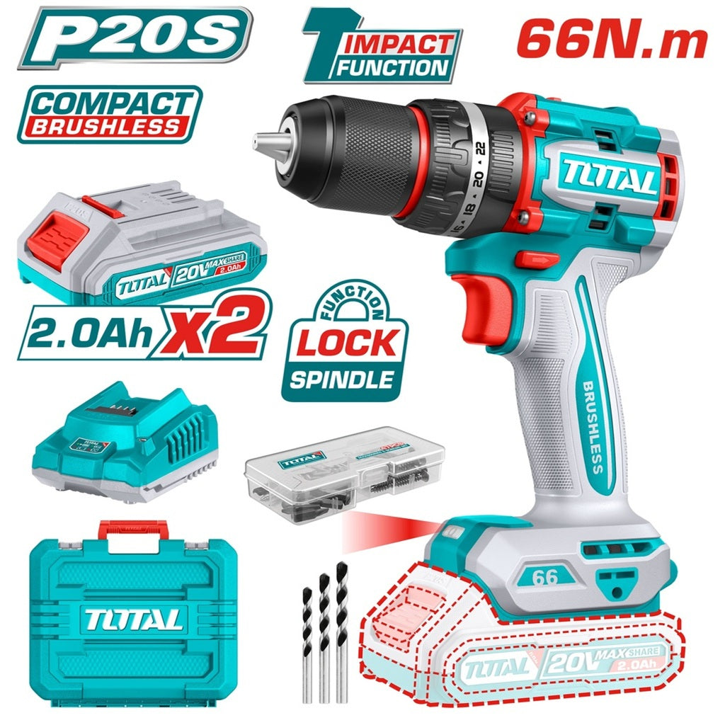 TOTAL 20V 1/2 inch compact brushless cordless hammer drill combo