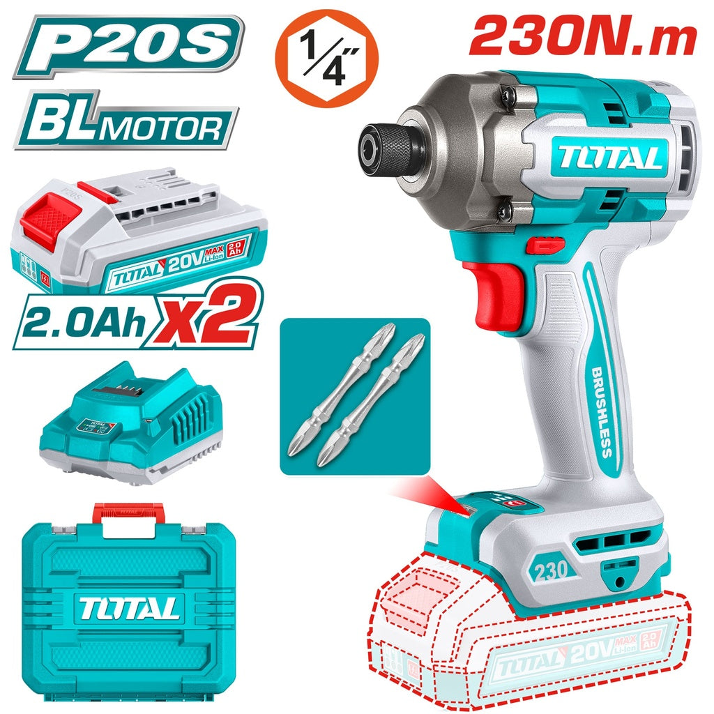 TOTAL 20V 170 lb-ft brushless cordless impact driver with 1/4 inch hex shank and LED work light