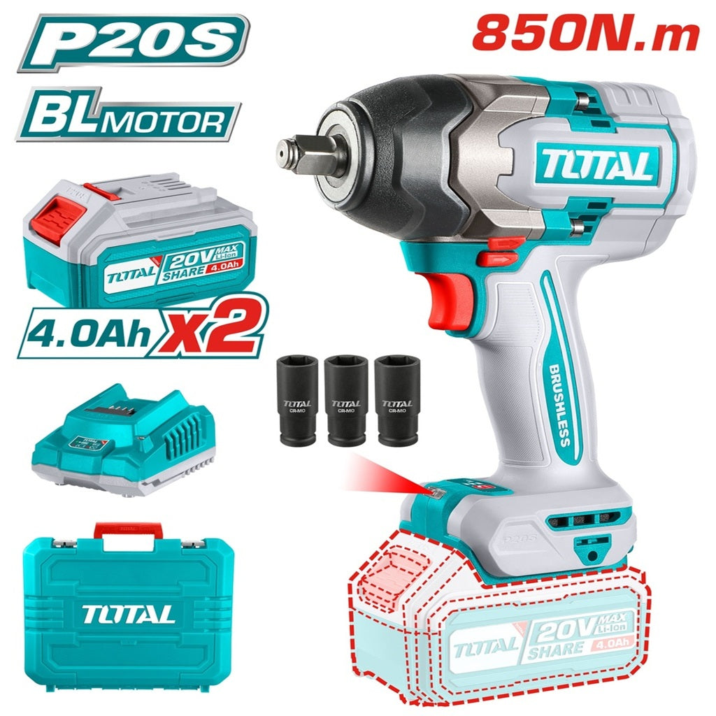 TOTAL 20V 627 ft-lbs brushless cordless impact wrench combo with 1/2 inch square drive