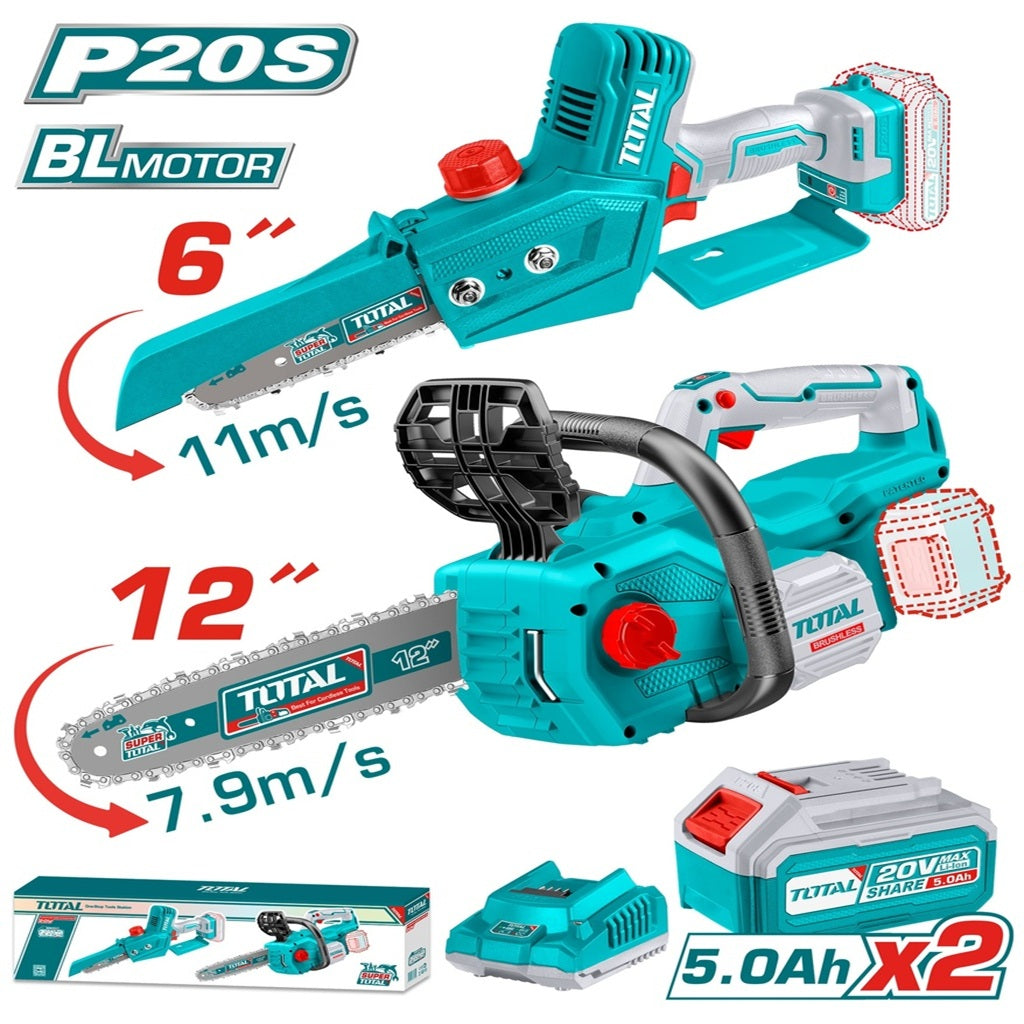 TOTAL 20V cordless 2-piece chainsaw combo kit with mini and full-size chainsaws
