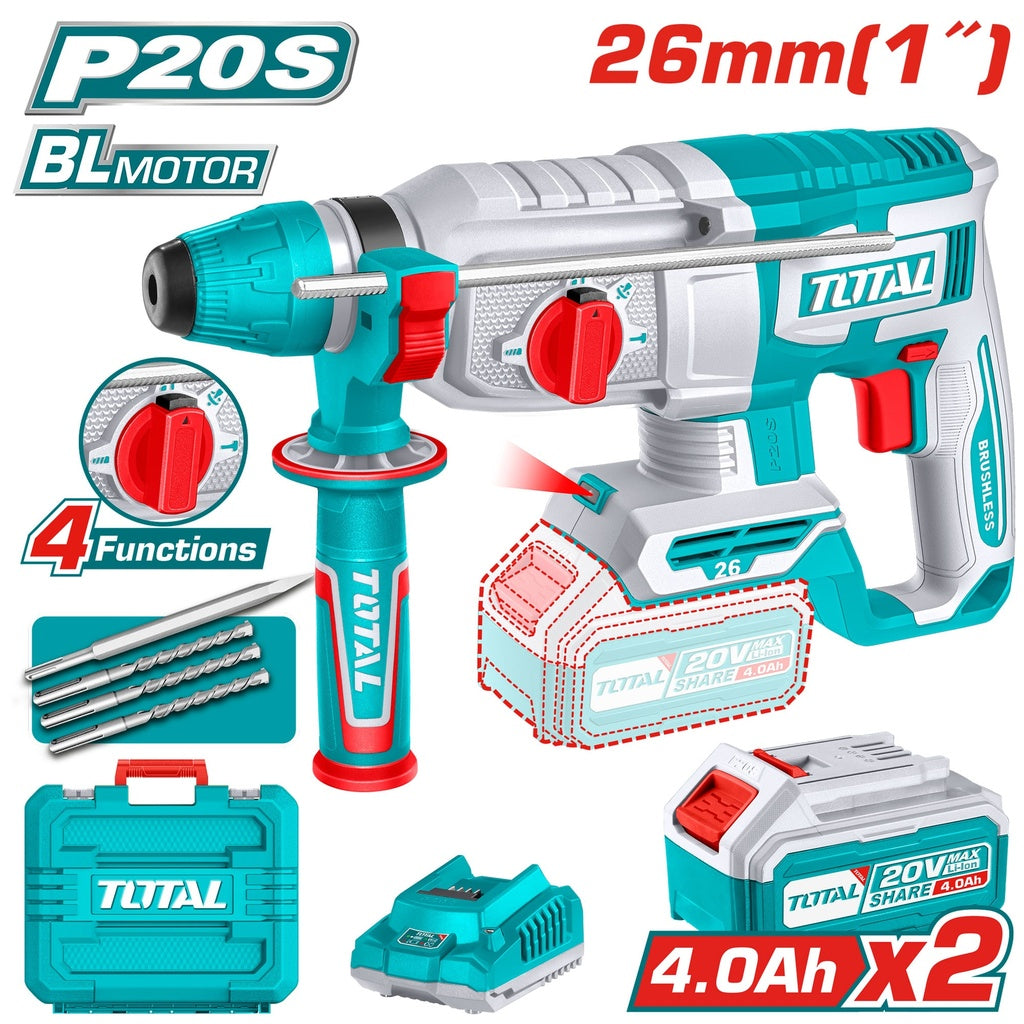 TOTAL 20V brushless cordless SDS-Plus rotary hammer with 2.5J impact energy