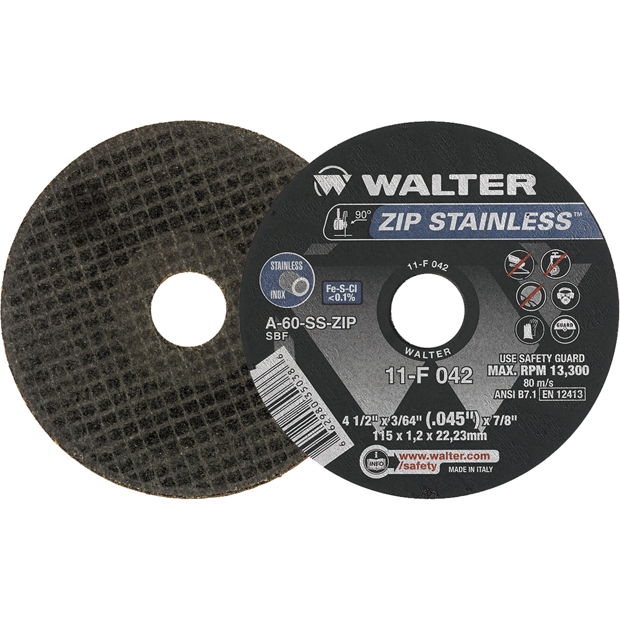 Walter Surface Technologies - Zip™ Stainless Right Angle Grinder Reinforced Cut-Off Wheels, 4-1/2"-5" x 3/64", 7/8" Arbor, Type 1, Aluminum Oxide