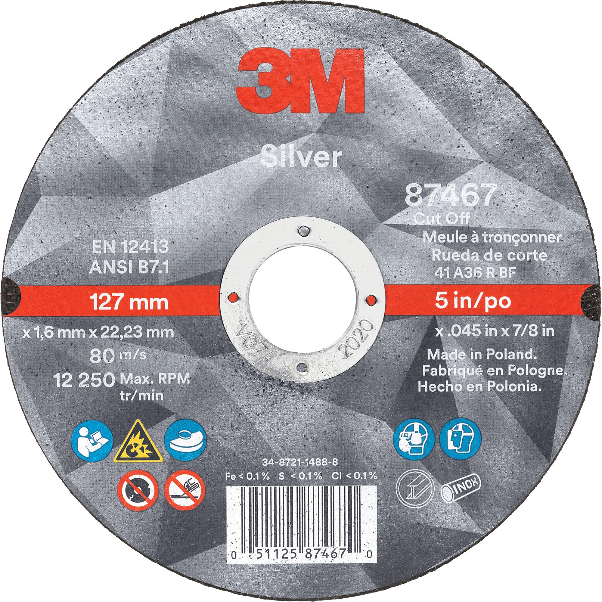 3M - Silver Cut-Off Wheel, 4-1/2"-5" x 0.045", 7/8" Arbor, Ceramic