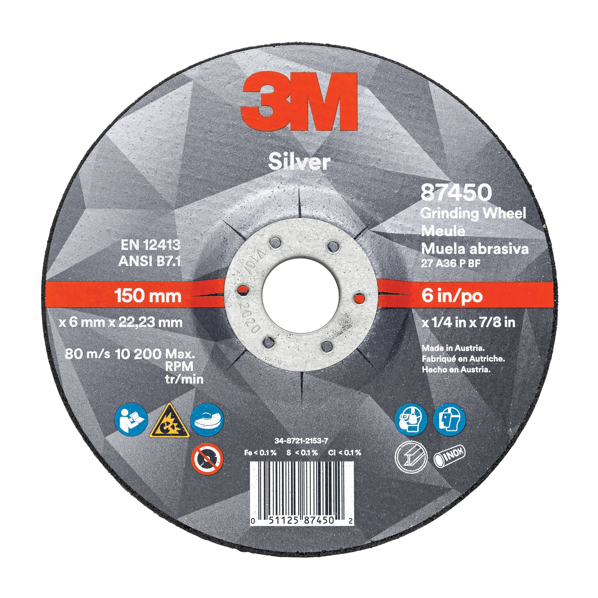 3M - Silver Depressed Centre Grinding Wheel, 4-1/2"-5" x 1/4", 7/8" Arbor, Ceramic, Type 27