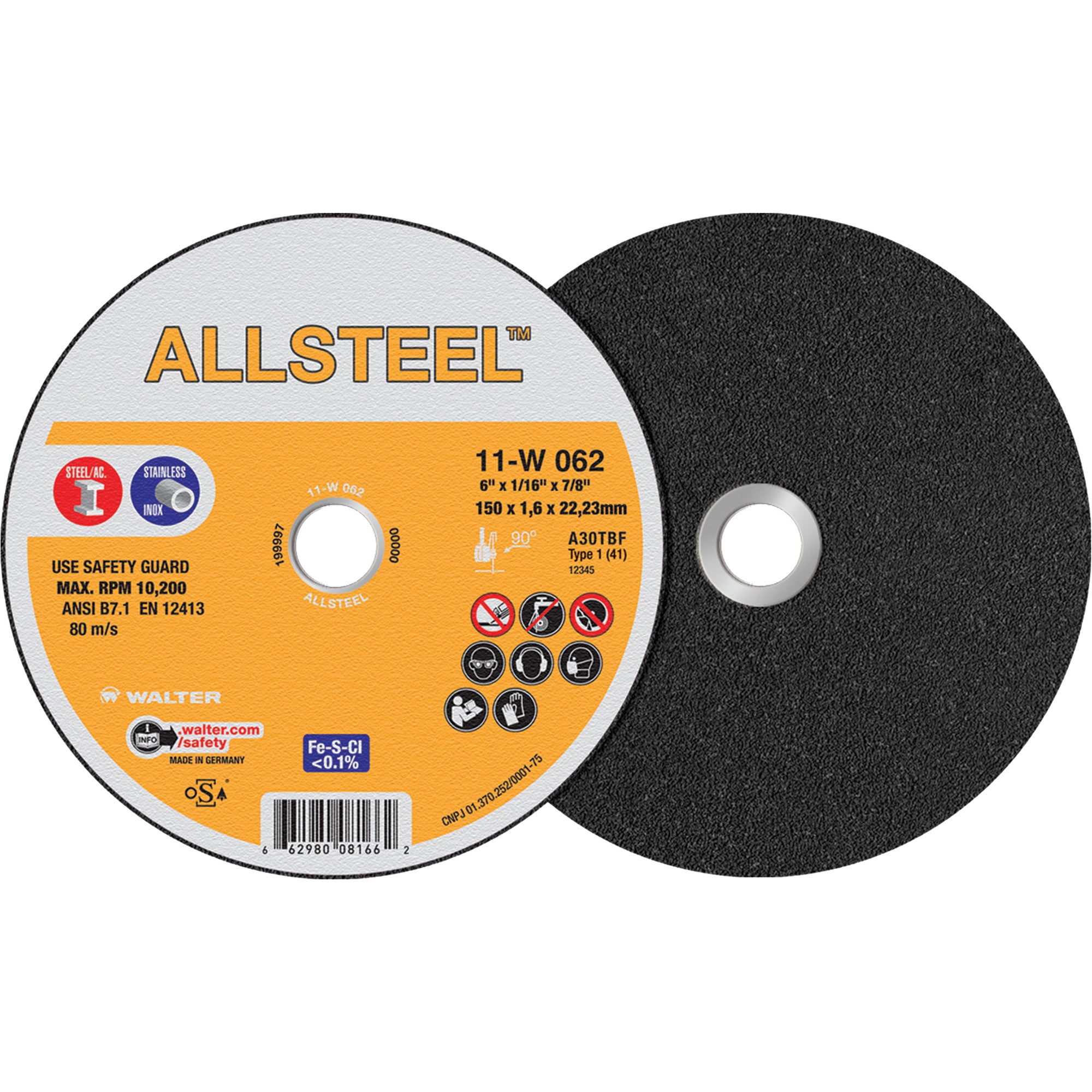 Walter - Meule à tronçonner AllSteel, 6" x 1/16", Arbre de 7/8", Type 1, Oxyde d'aluminium