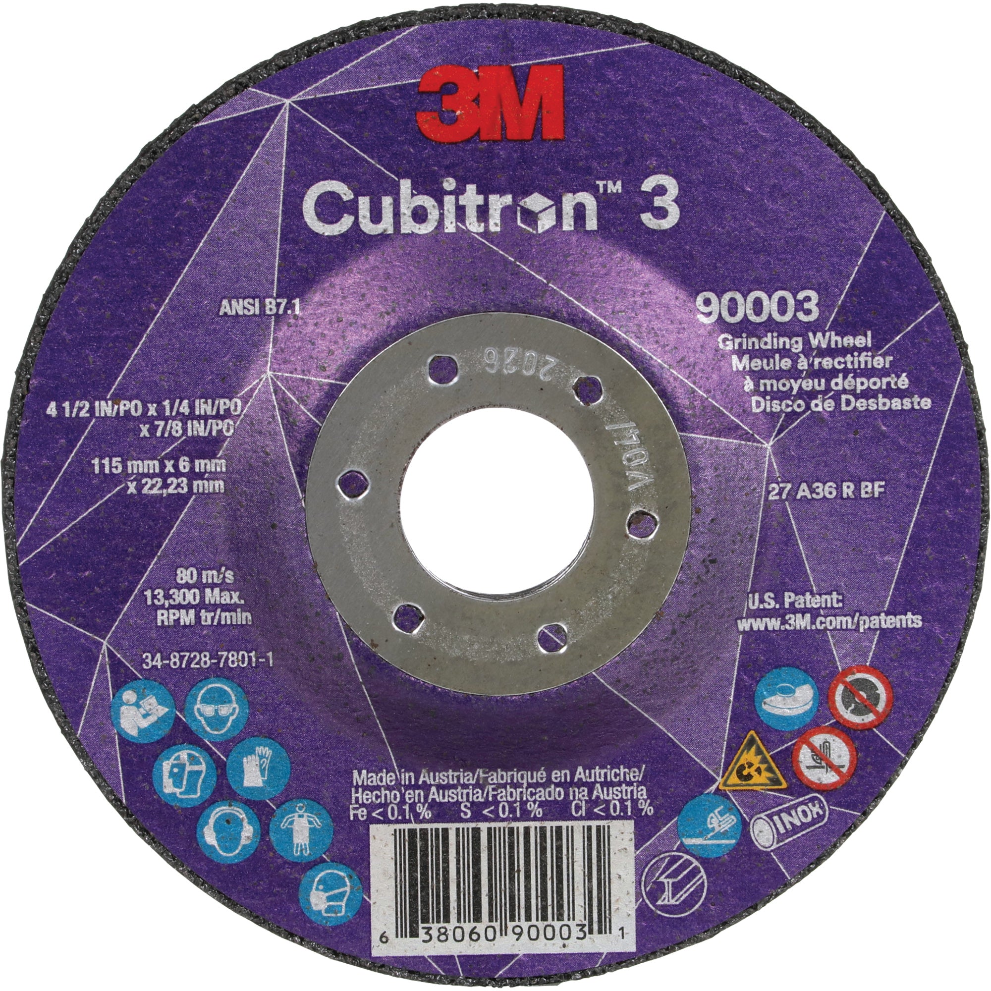 3M - Cubitron™ 3 Depressed Centre Grinding Wheel, 4-1/2"-5" x 1/4", 7/8" Arbor, Ceramic, Type T27
