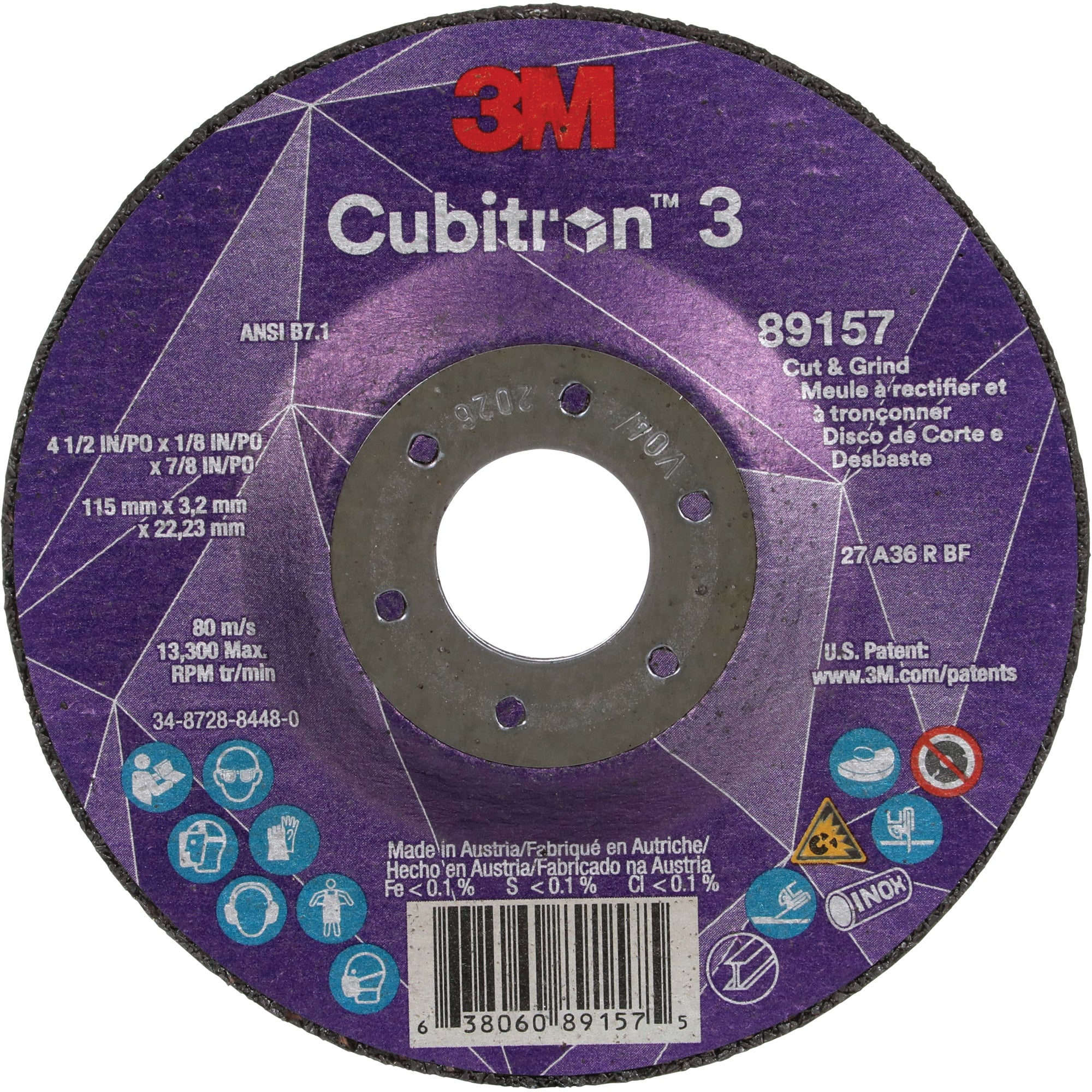 3M - Cubitron™ 3 Cut and Grind Wheel, 4-1/2"-5" - 7/8" Arbor, Type 27, 36 Grit, Ceramic