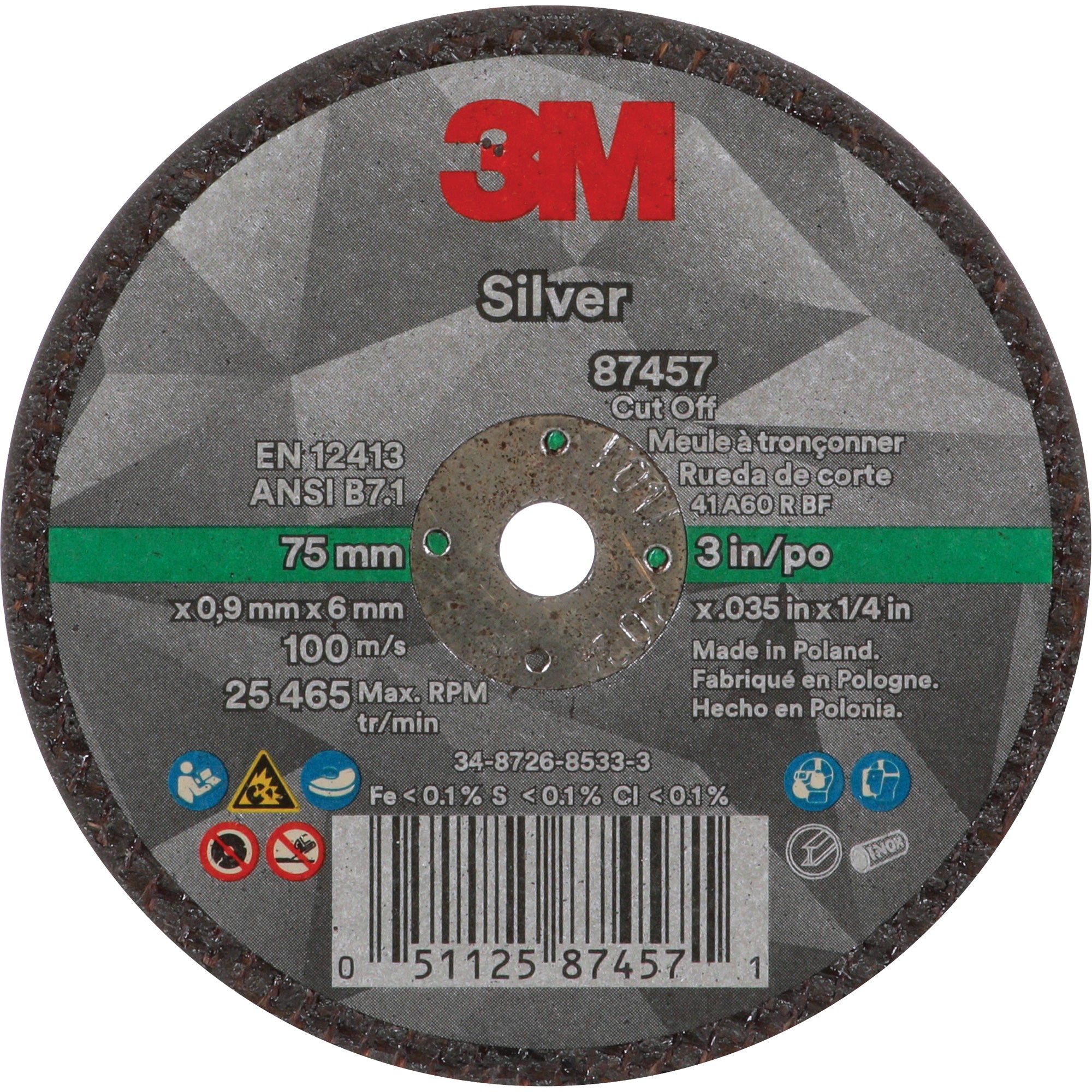 3M - Silver Cut-Off Wheel, 3" x 0.04", Type 1, Ceramic, 25645 RPM