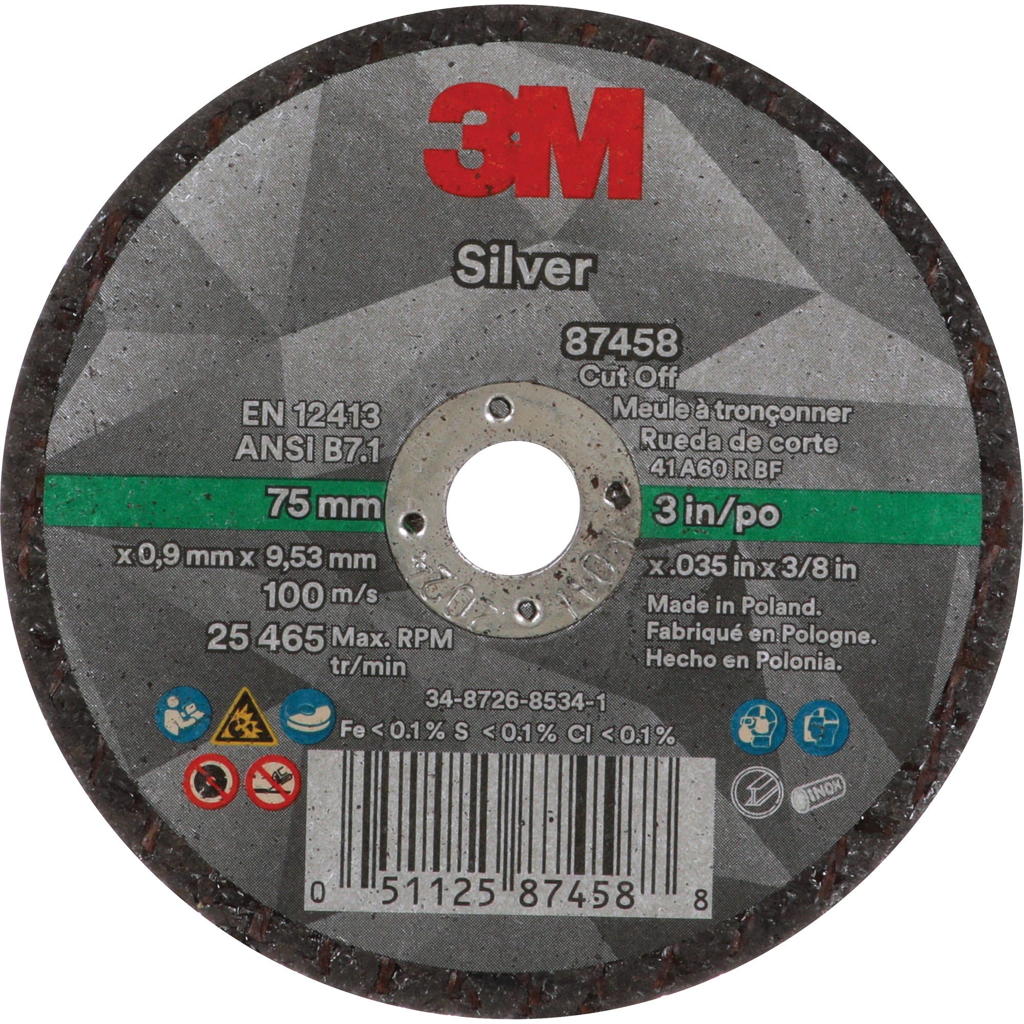 3M - Silver Cut-Off Wheel, 3" x 0.04", Type 1, Ceramic, 25645 RPM