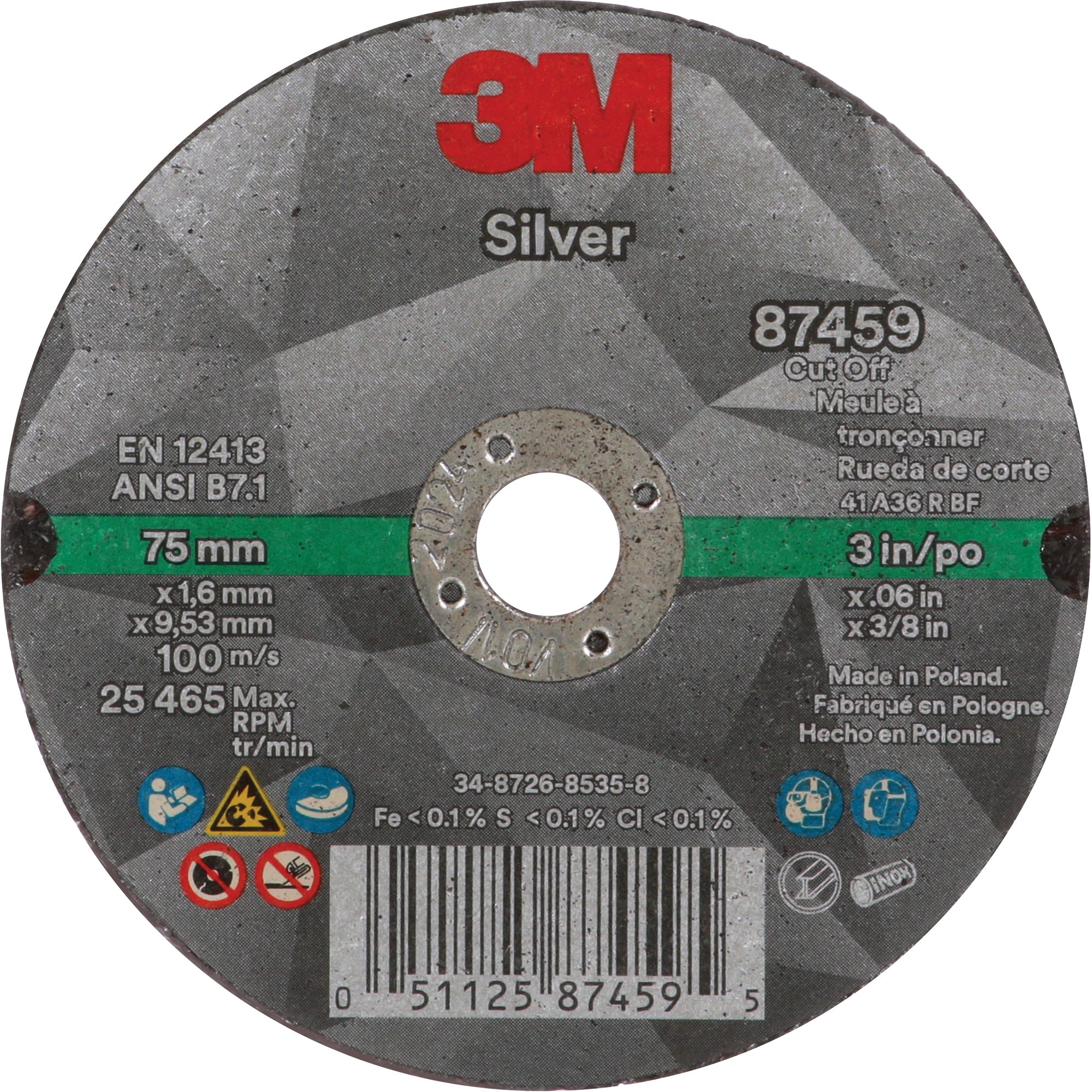 3M - Silver Cut-Off Wheel, 3" x 0.04", Type 1, Ceramic, 25645 RPM