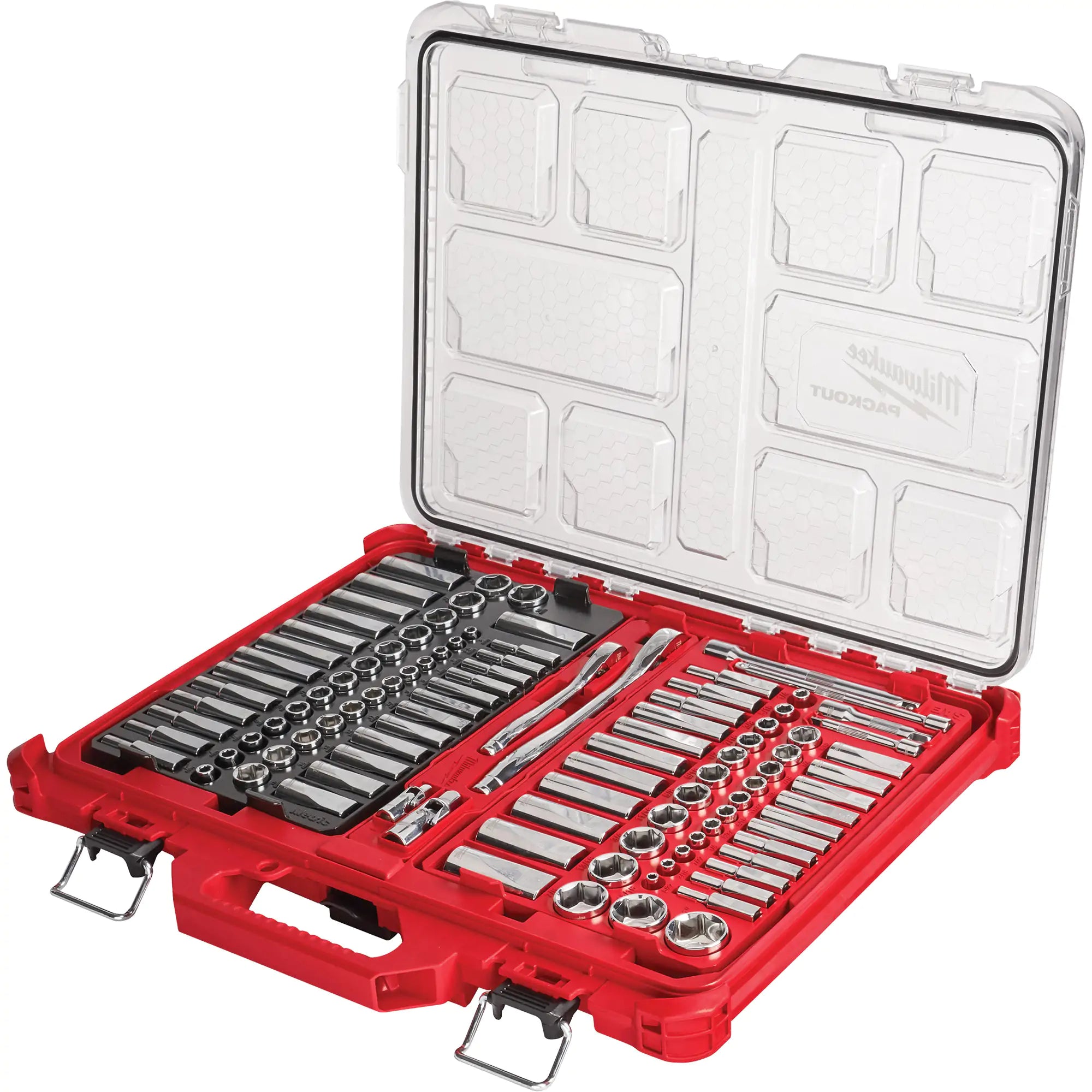 Milwaukee - Ensemble de cliquet et douilles avec organisateur à profil bas PackoutMC, 106 Mcx, Prise de 1/4"/3/8", Profond