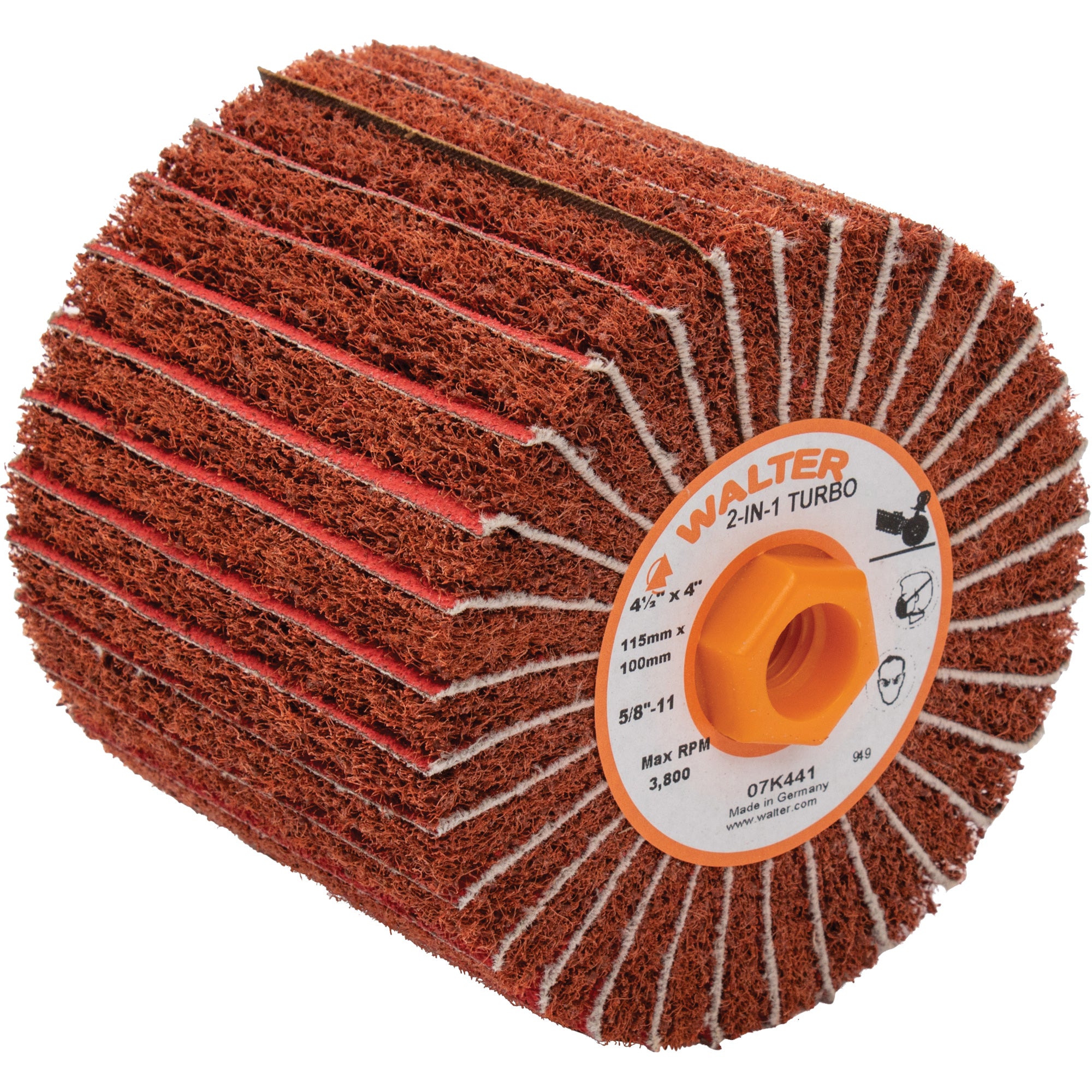 Walter Surface Technologies - Two-In-One™ Turbo Drums, 4-1/2" Dia. x 4" W, 5/8"-11 Arbor, 60 Grit