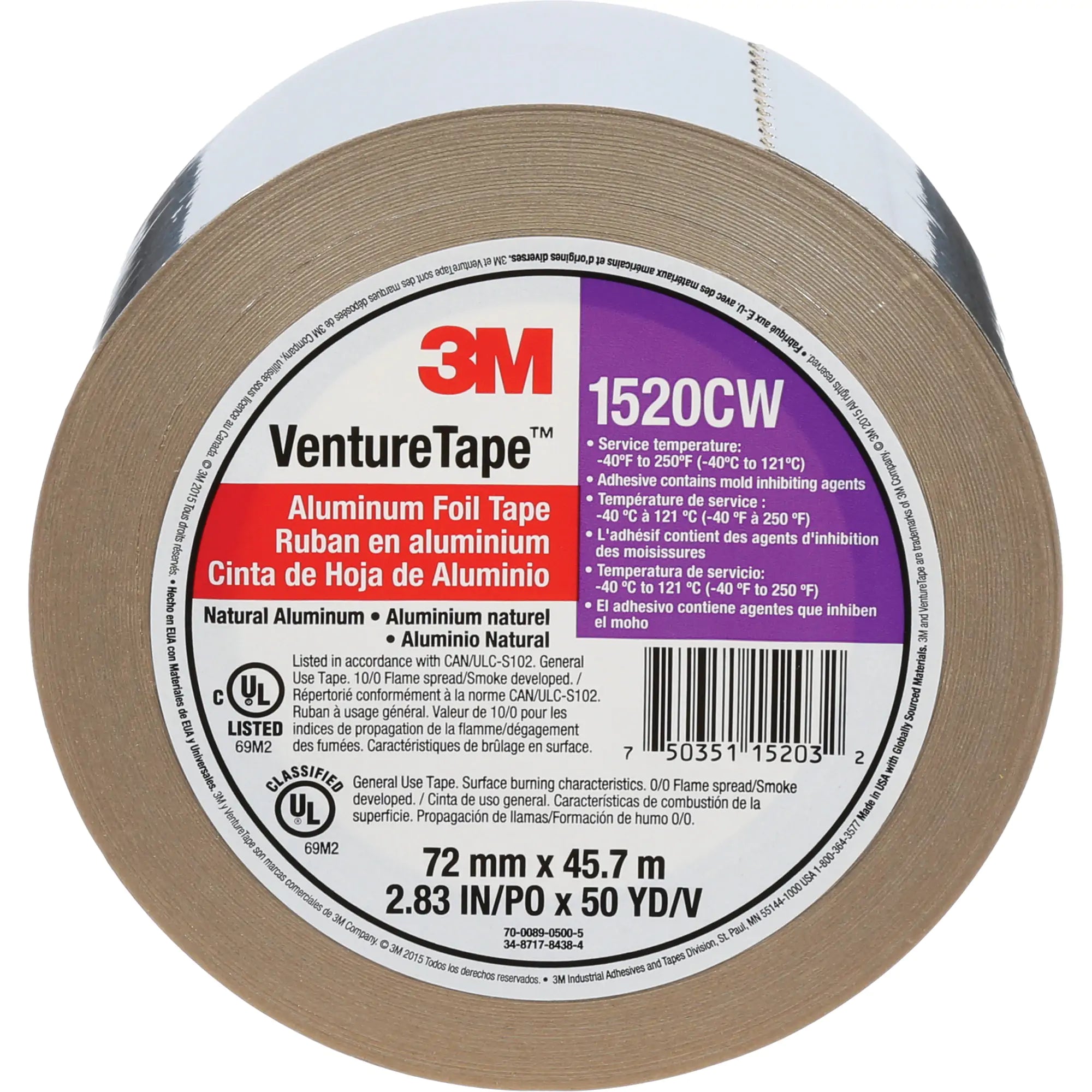 3M - Venture Tape™ Aluminum Foil Tape, 1.8 mils Thick, 72 mm (3") x 45.7 m (150')
