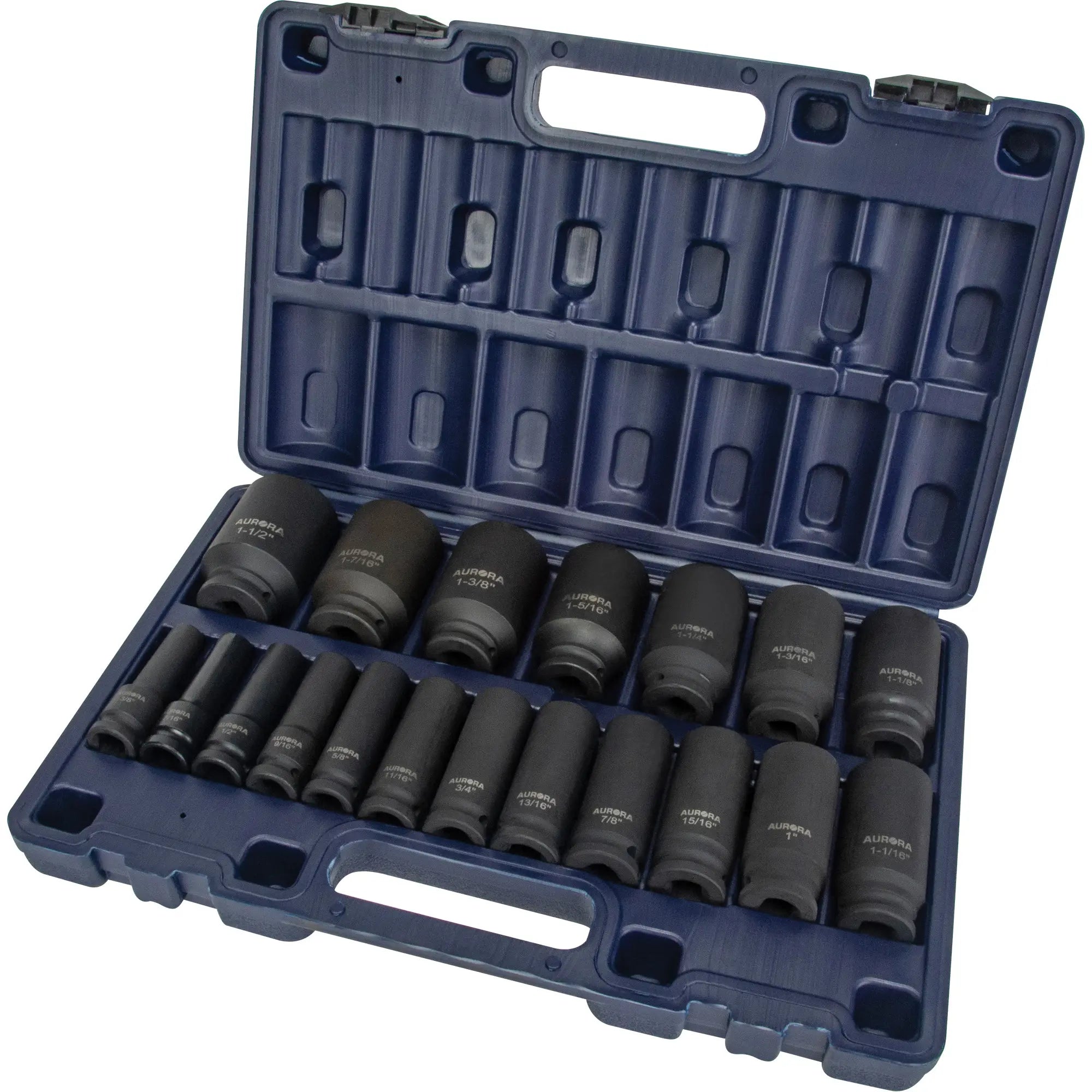 Aurora Tools - SAE Socket Set, 19 Pcs, Impact, 1/2" Drive Size, Deep