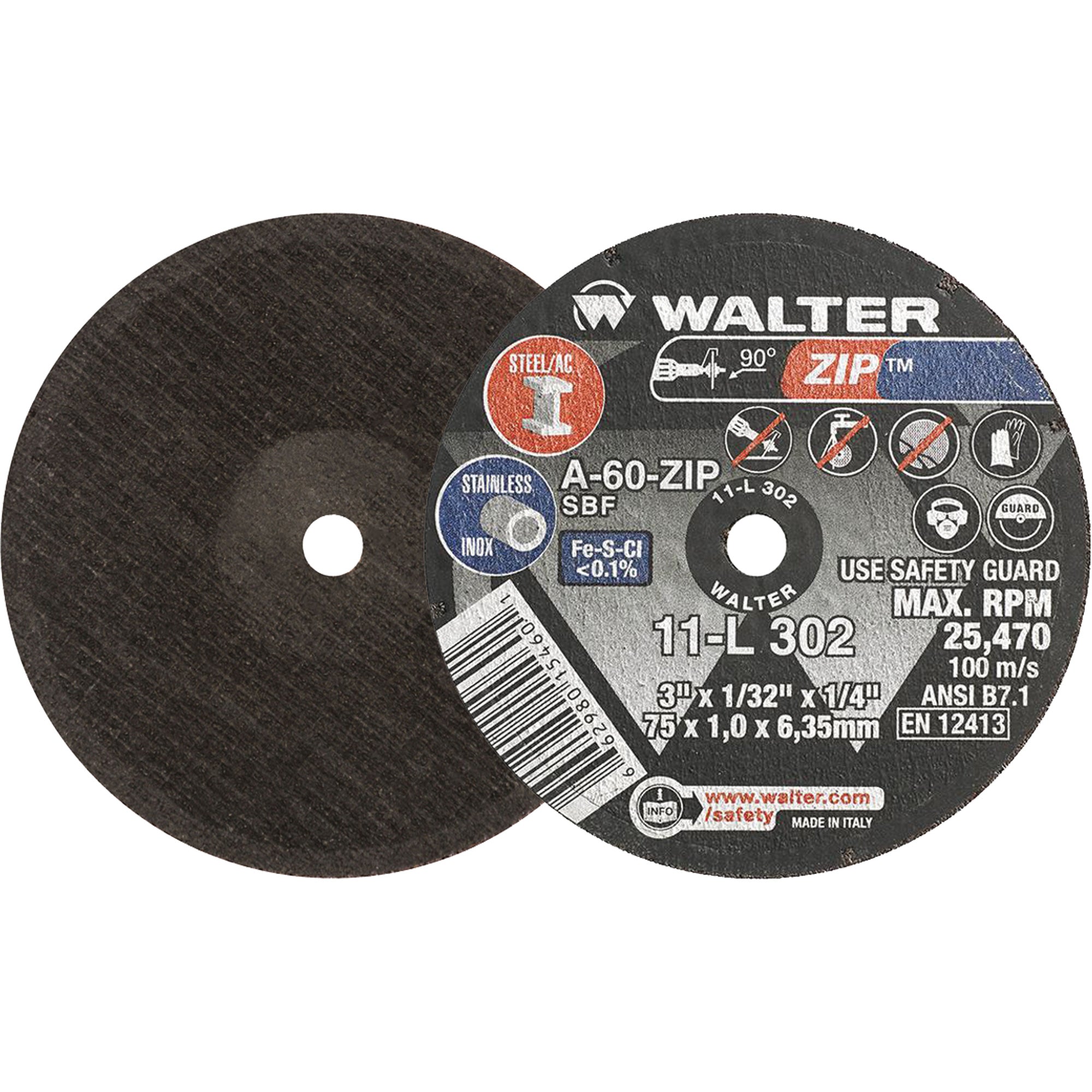 Walter Technologies Pour Surface - Meule à tronçonner ZipMC, 3", Arbre de 1/4", Type 1, Oxyde d'aluminium