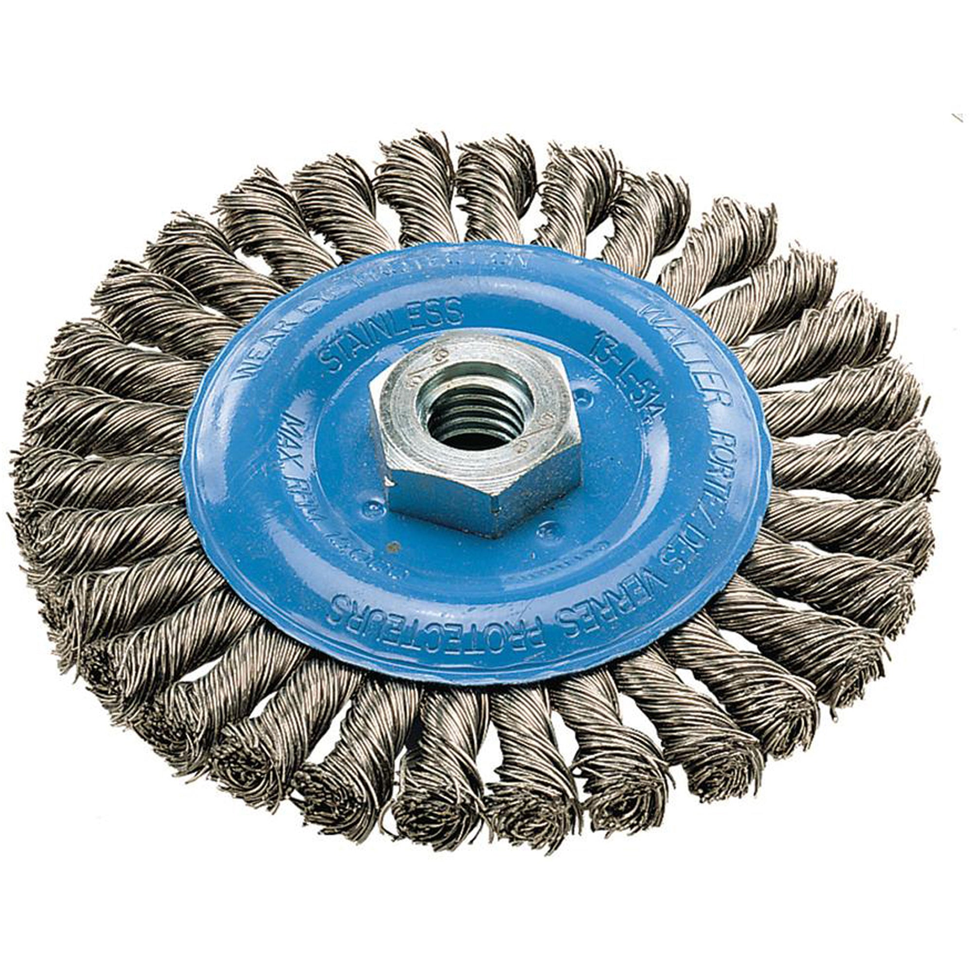 Walter Surface Technologies - Wide Knotted Wire Wheel Brush, 0.02" Fill, 5/8"-11 Arbor, Steel