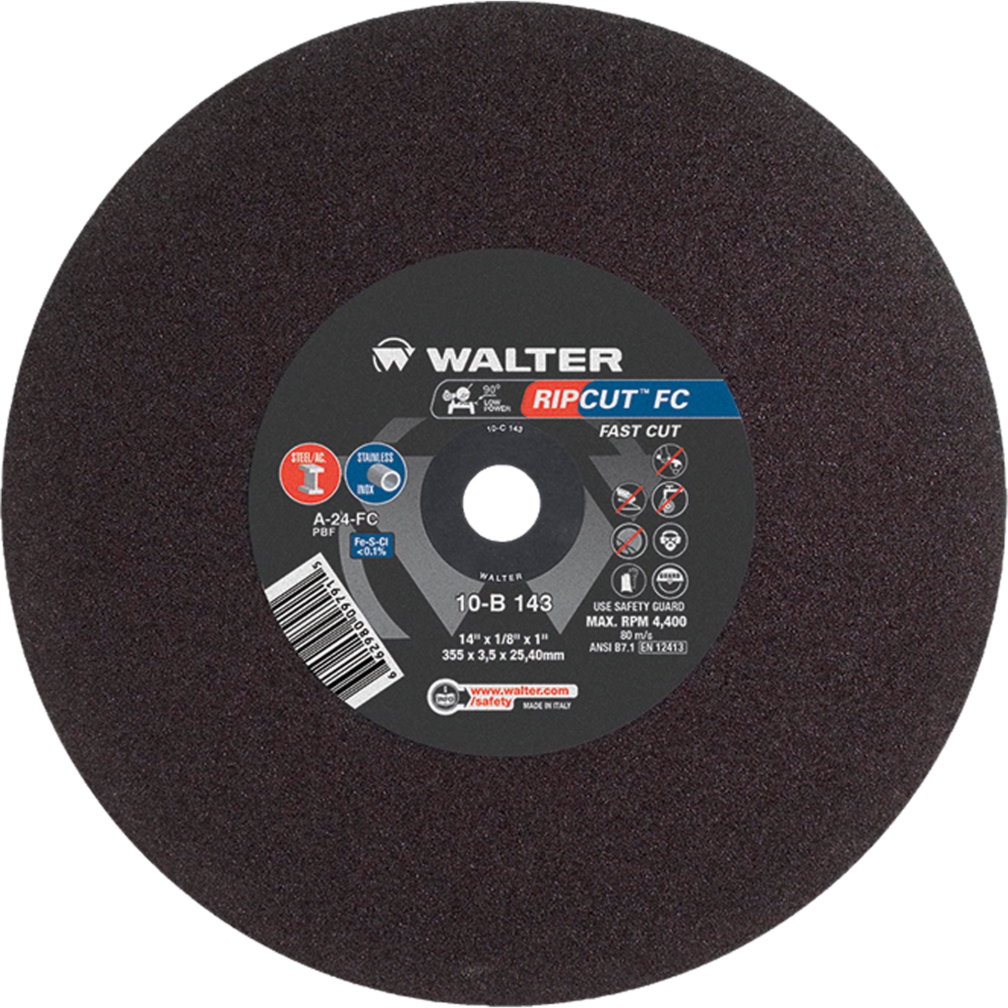 Walter Surface Technologies - Ripcut™ Stainless Steel & Steel Cut-Off Wheel for Stationary Saws, 14" x 1/8", 1" Arbor, Type 1, Aluminum Oxide, 4400 RPM