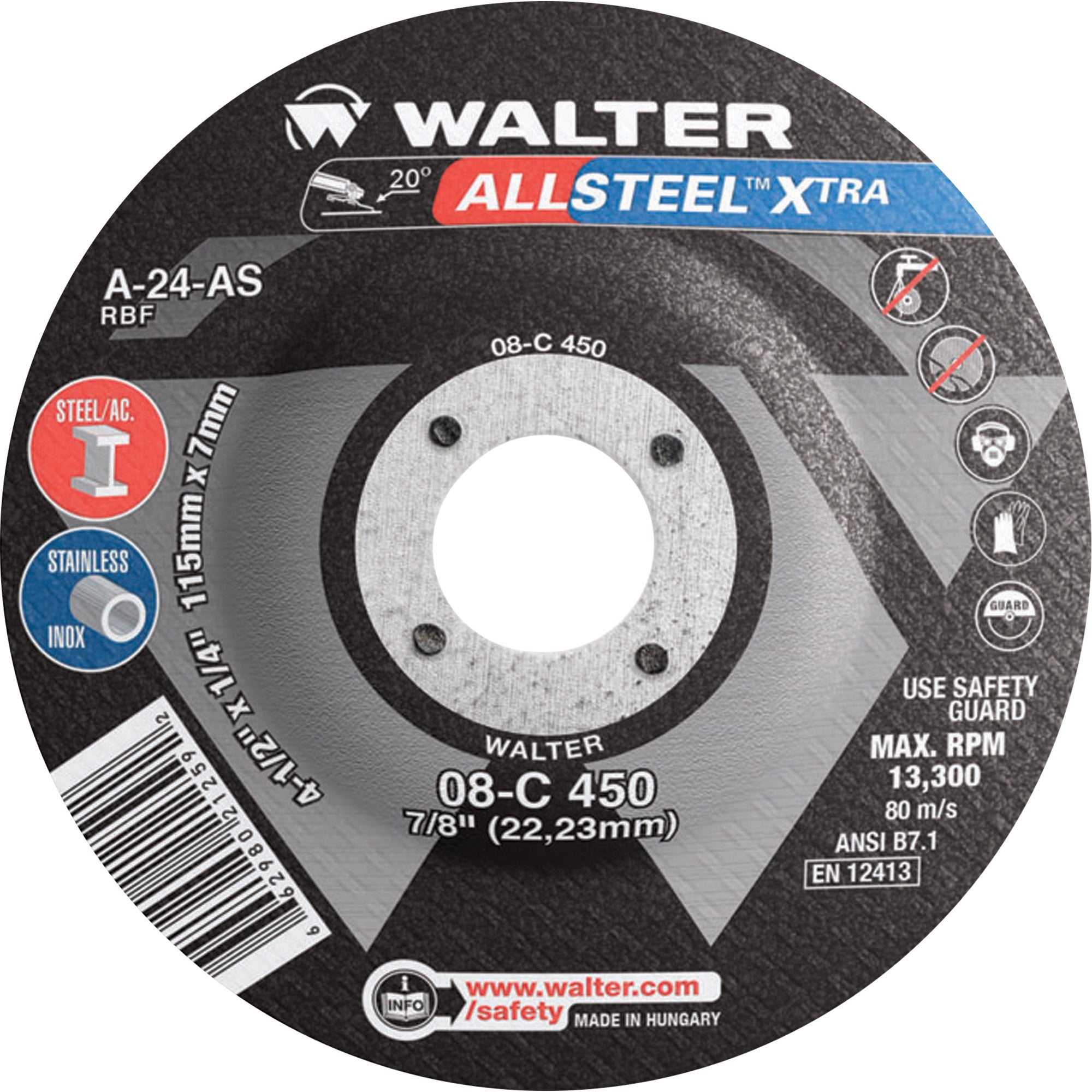 Walter Surface Technologies - Allsteel Xtra™ Depressed Centre Grinding Wheel, 4-1/2"-5"-7" x 1/4", 7/8" Arbor, Type 27