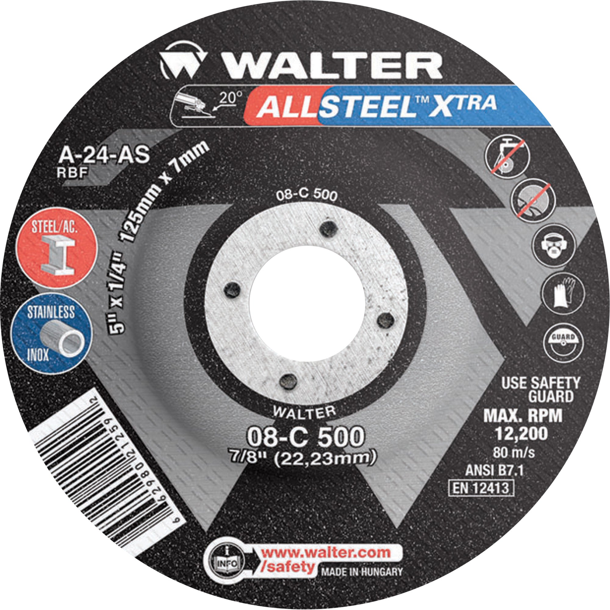 Walter Surface Technologies - Allsteel Xtra™ Depressed Centre Grinding Wheel, 4-1/2"-5"-7" x 1/4", 7/8" Arbor, Type 27