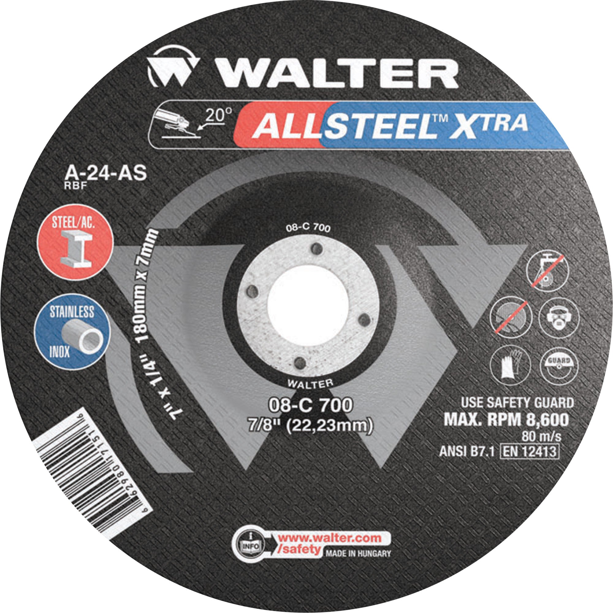 Walter Surface Technologies - Allsteel Xtra™ Depressed Centre Grinding Wheel, 4-1/2"-5"-7" x 1/4", 7/8" Arbor, Type 27