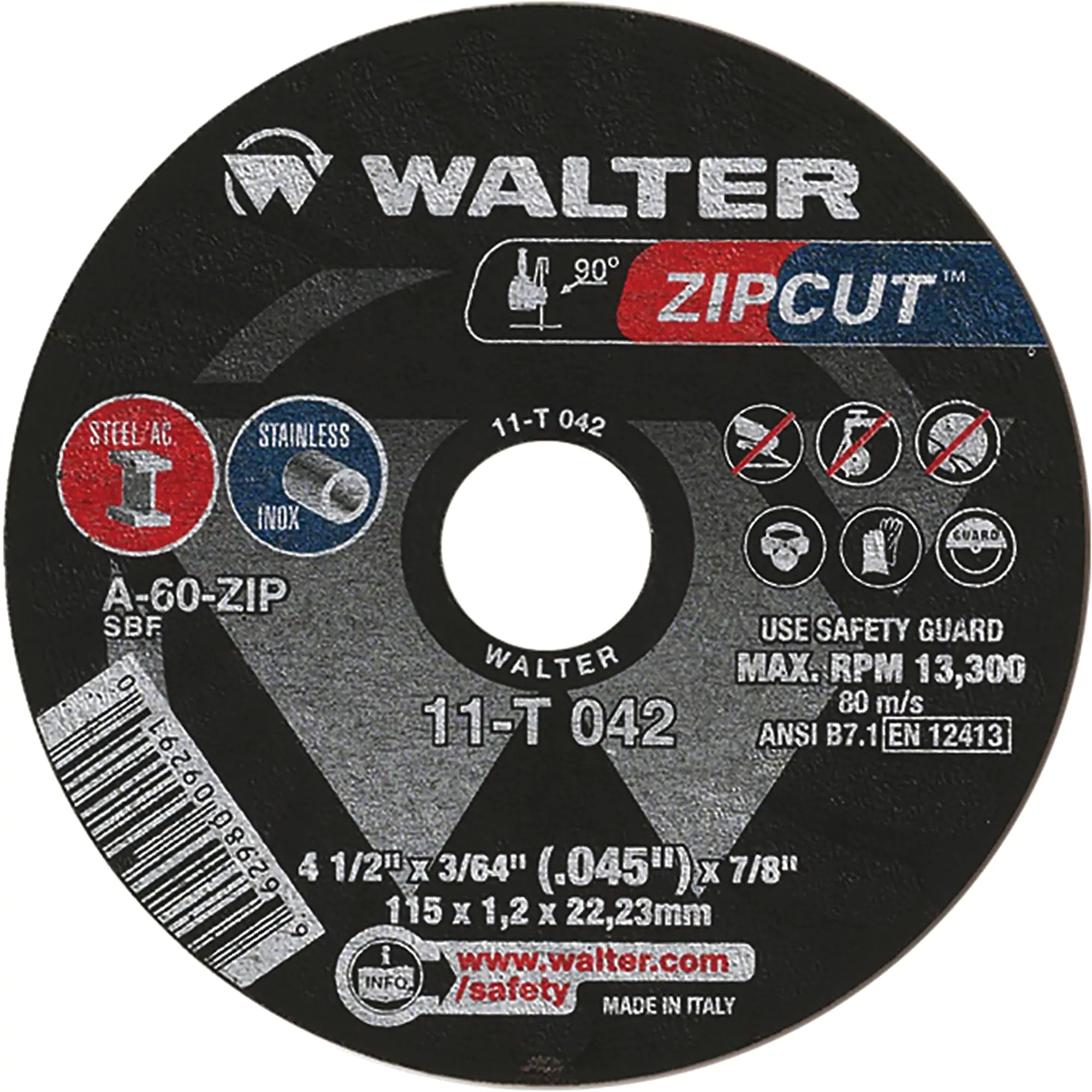 Walter Surface Technologies - Zipcut™ Cut-Off Wheel, 4-1/2"-5"-7" x 3/64", 7/8" Arbor, Type 1, Aluminum Oxide, 13300 RPM