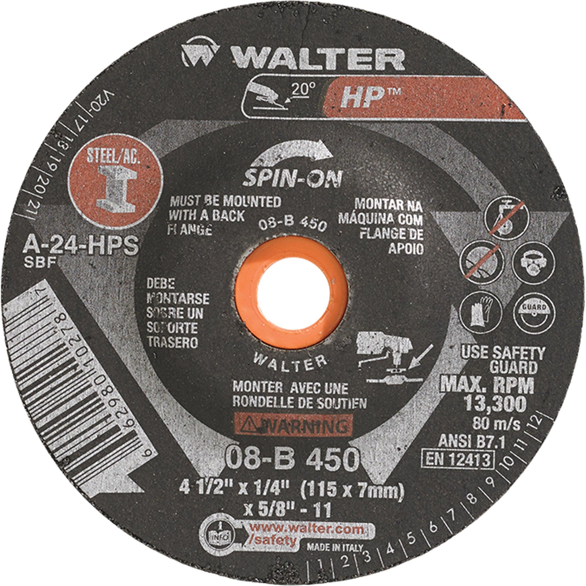 Walter Surface Technologies - HP™ Spin-On Grinding Wheel, 4-1/2"-5" x 1/4", 5/8"-11 Arbor, Type 27S