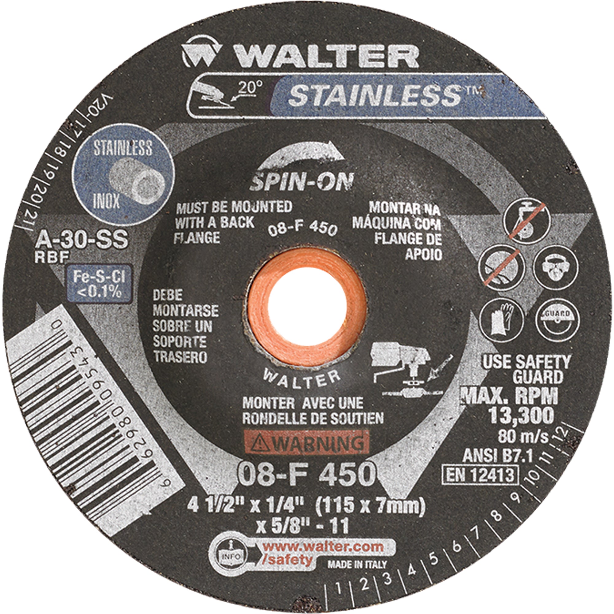 Walter Surface Technologies - Depressed Centre Grinding Wheels - Stainless Type 27, 4-1/2"-5" x 1/4", 5/8"-11 Arbor, Type 27S