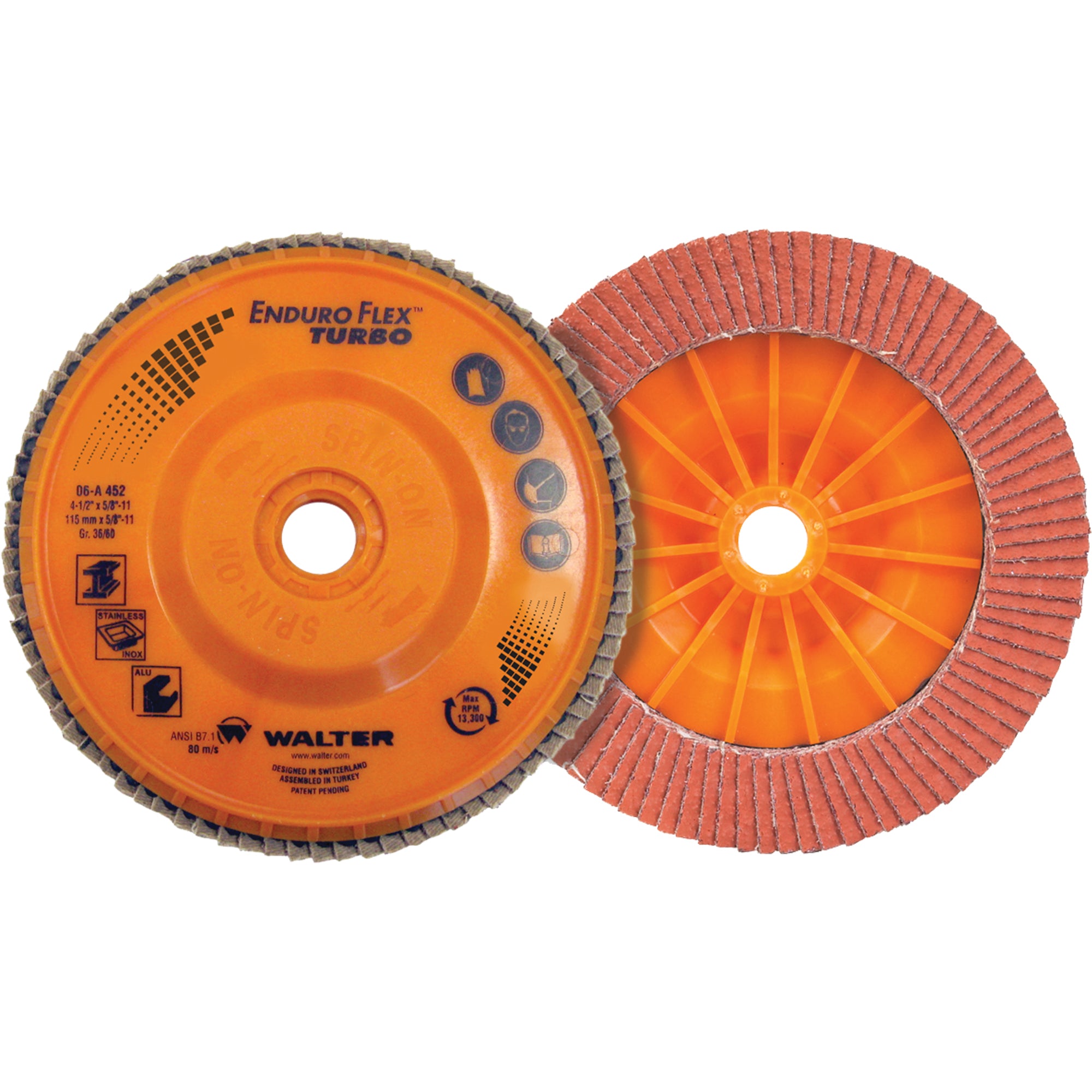 Walter Surface Technologies - Enduro-Flex™ Turbo Flap Disc, 4-1/2"-5" x 5/8"-11, Type 27S, 36/60 Grit, Ceramic