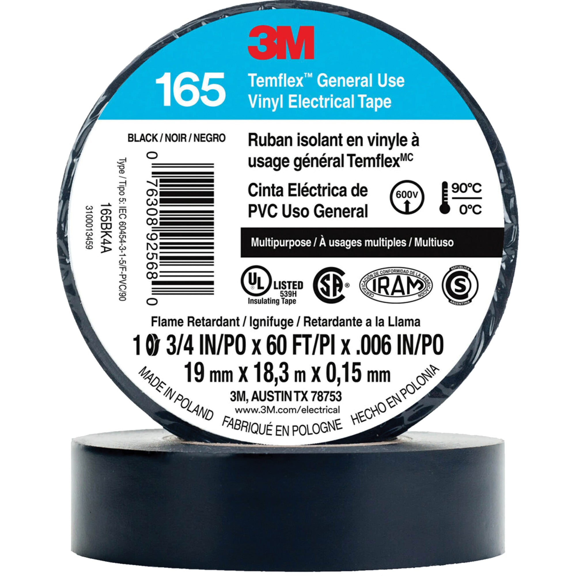 3M - Temflex™ General Use Vinyl Electrical Tape 165, 19 mm (3/4") x 18 M (60'), 6 mils