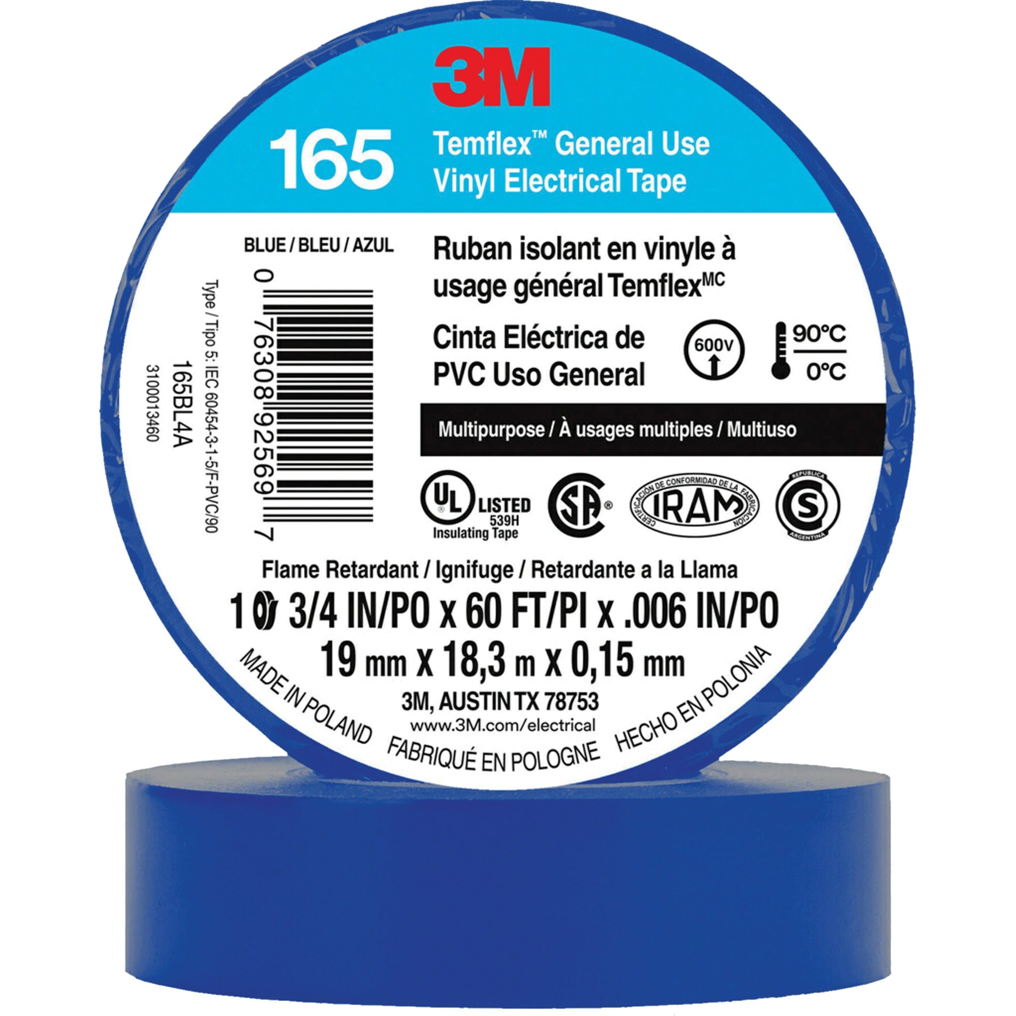 3M - Temflex™ General Use Vinyl Electrical Tape 165, 19 mm (3/4") x 18 M (60'), 6 mils