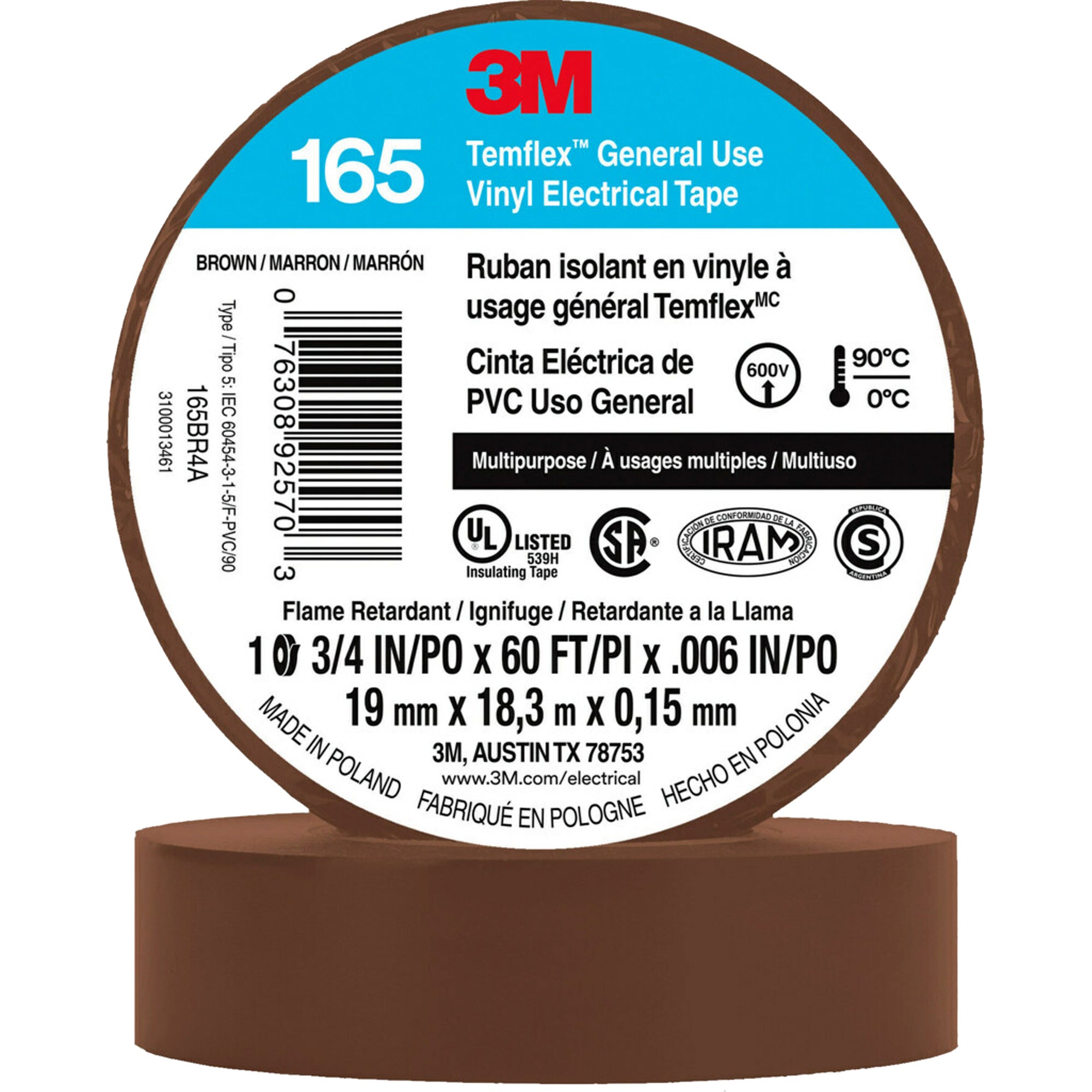 3M - Temflex™ General Use Vinyl Electrical Tape 165, 19 mm (3/4") x 18 M (60'), 6 mils