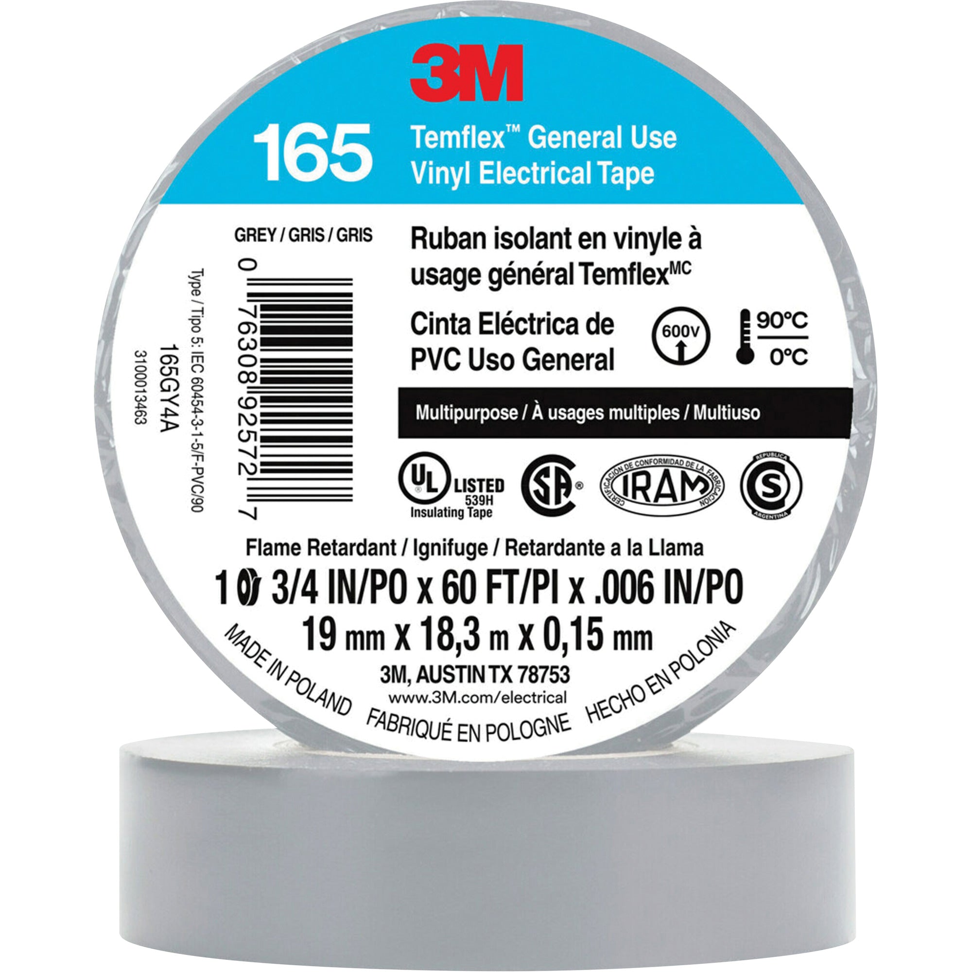 3M - Temflex™ General Use Vinyl Electrical Tape 165, 19 mm (3/4") x 18 M (60'), 6 mils