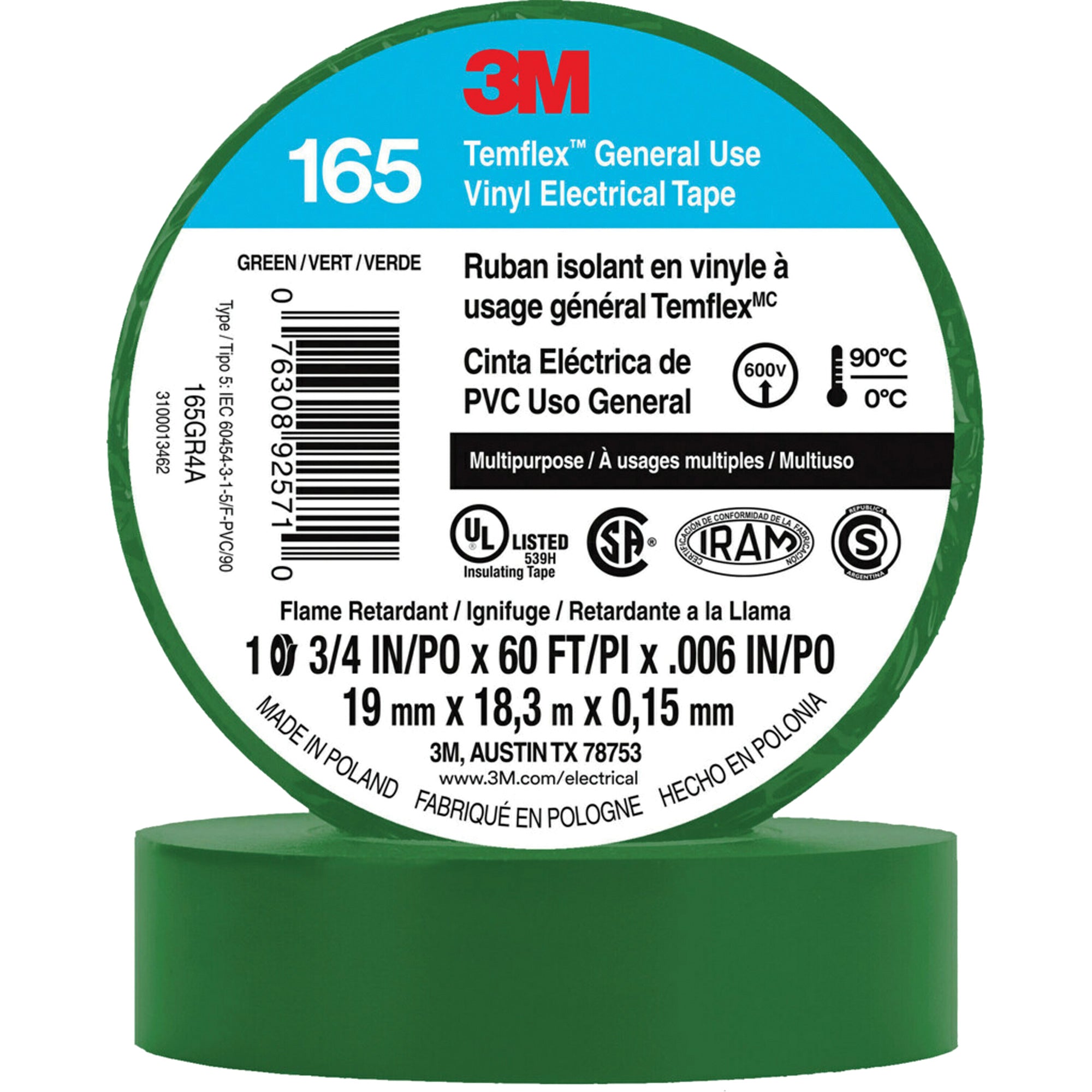 3M - Temflex™ General Use Vinyl Electrical Tape 165, 19 mm (3/4") x 18 M (60'), 6 mils
