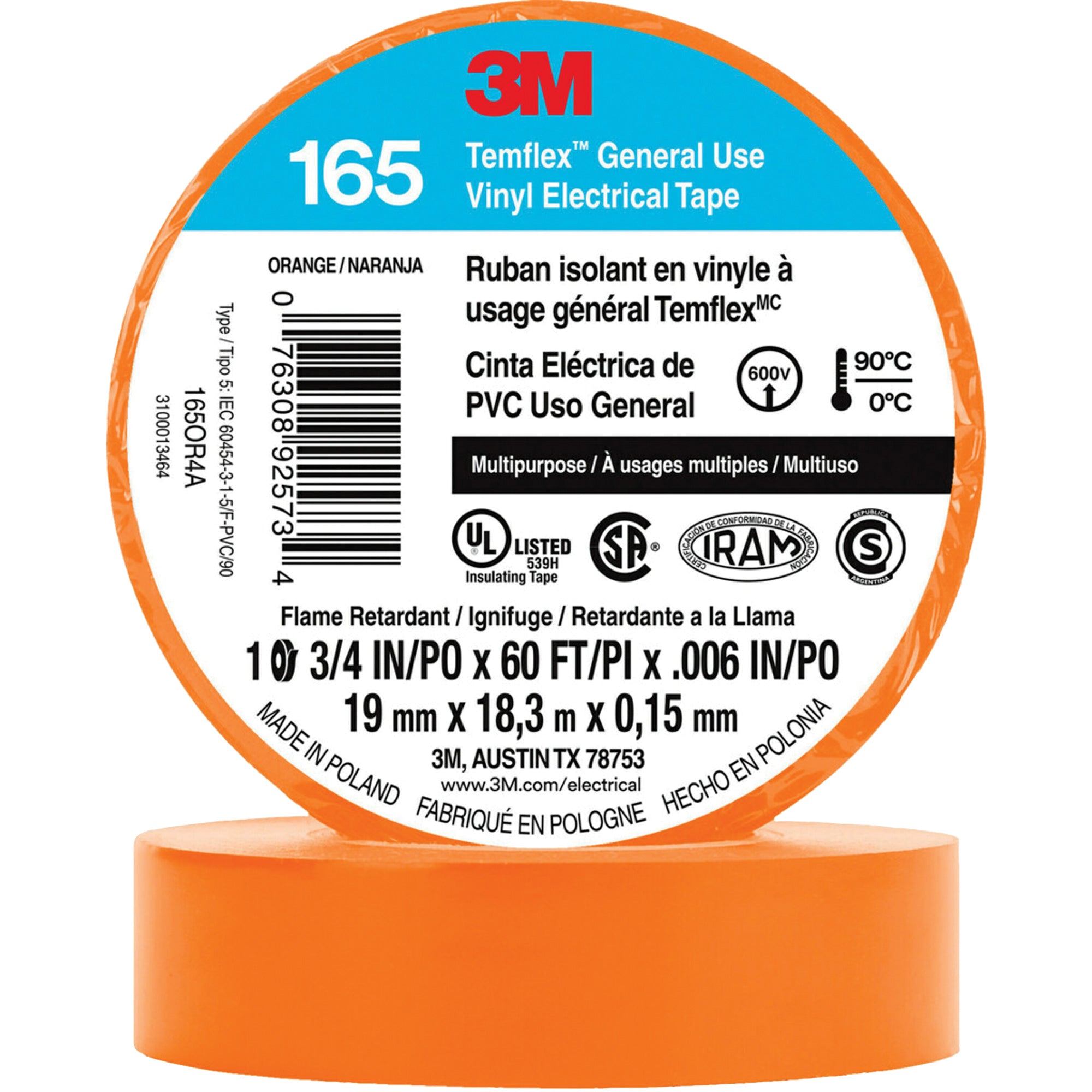 3M - Temflex™ General Use Vinyl Electrical Tape 165, 19 mm (3/4") x 18 M (60'), 6 mils
