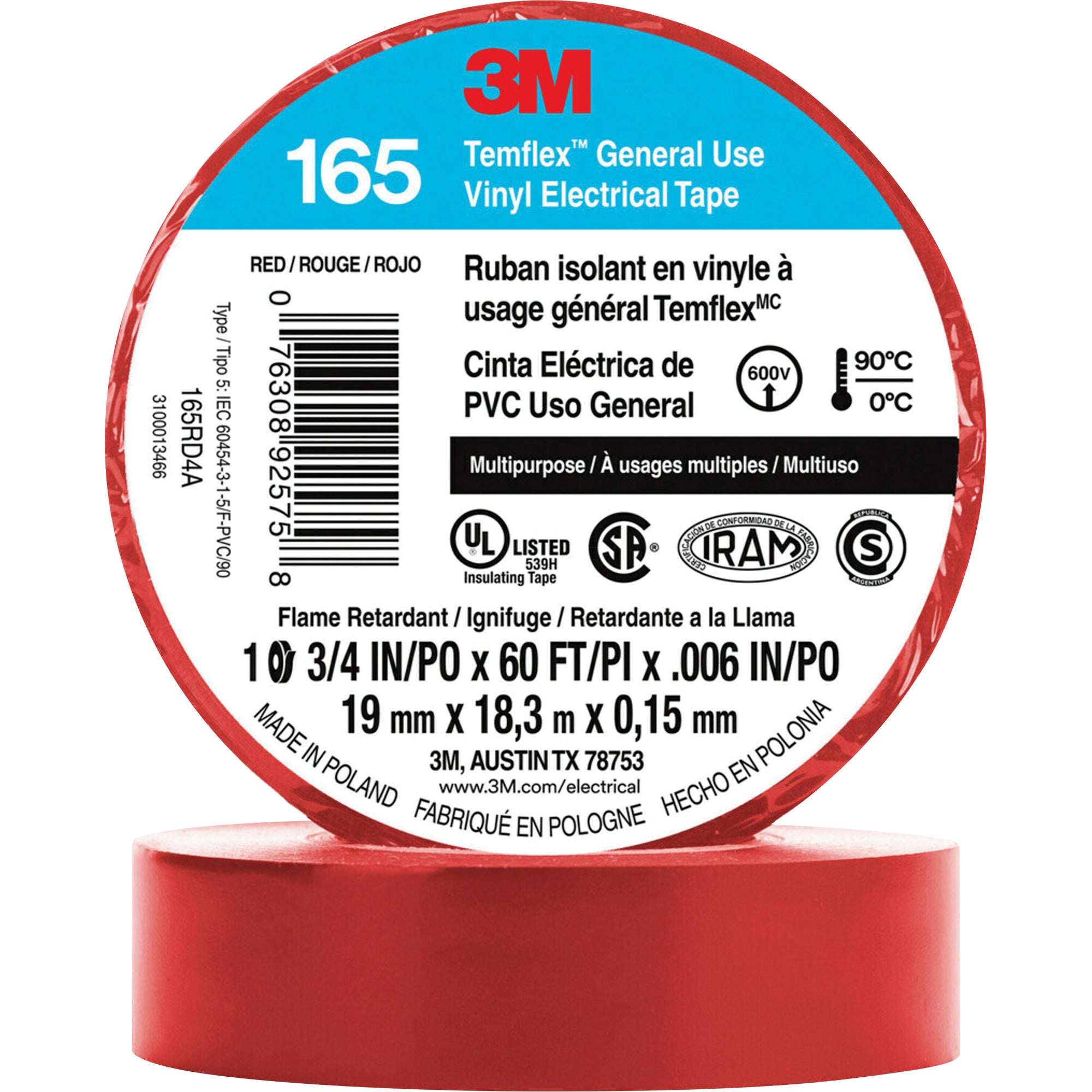 3M - Temflex™ General Use Vinyl Electrical Tape 165, 19 mm (3/4") x 18 M (60'), 6 mils